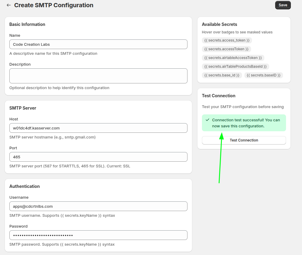 A successful SMTP connection test