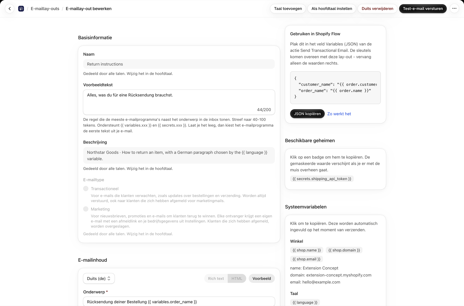 De Duitse versie van een rich text-opmaak: hetzelfde scherm, naam en beschrijving zijn alleen-lezen, onderwerp en hoofdtekst zijn in het Duits
