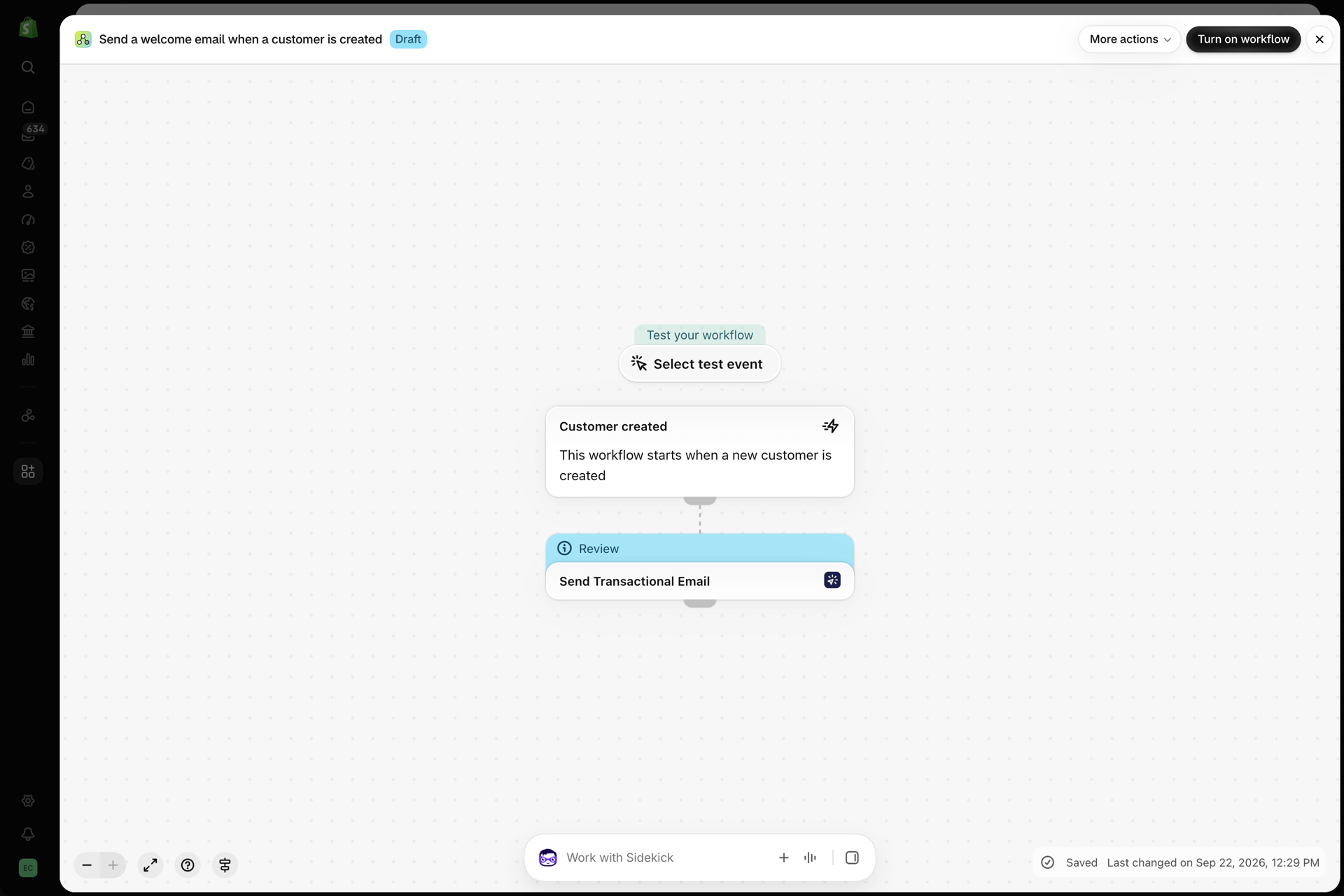 The workflow in Shopify Flow: Send a welcome email when a customer is created
