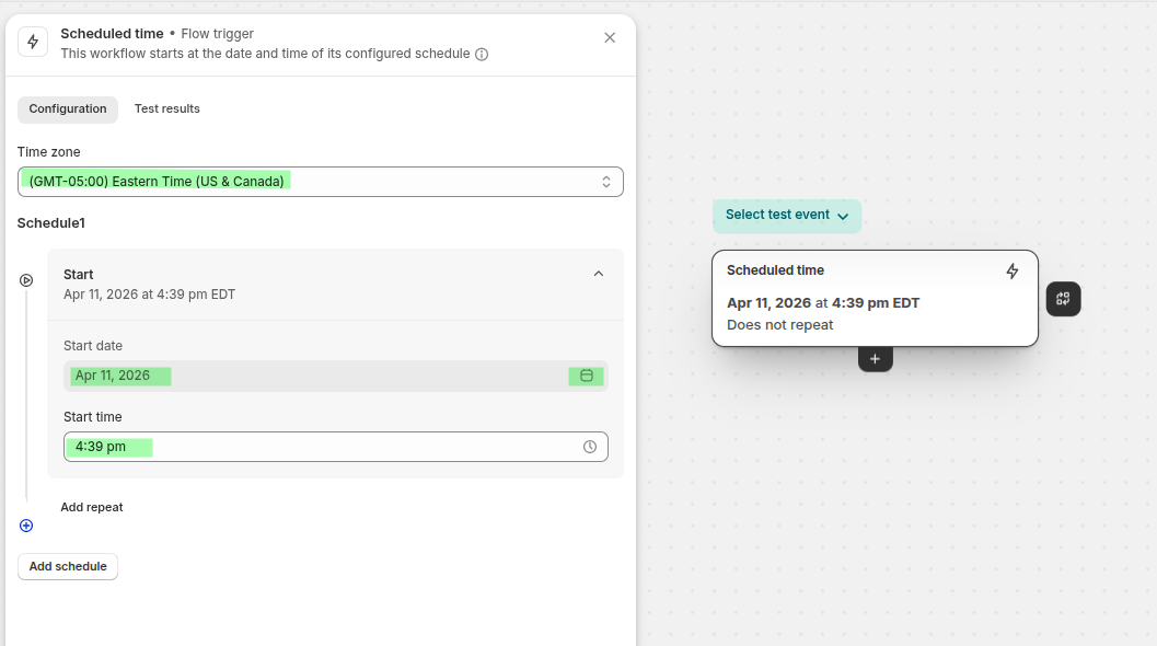 A scheduled trigger in Shopify Flow