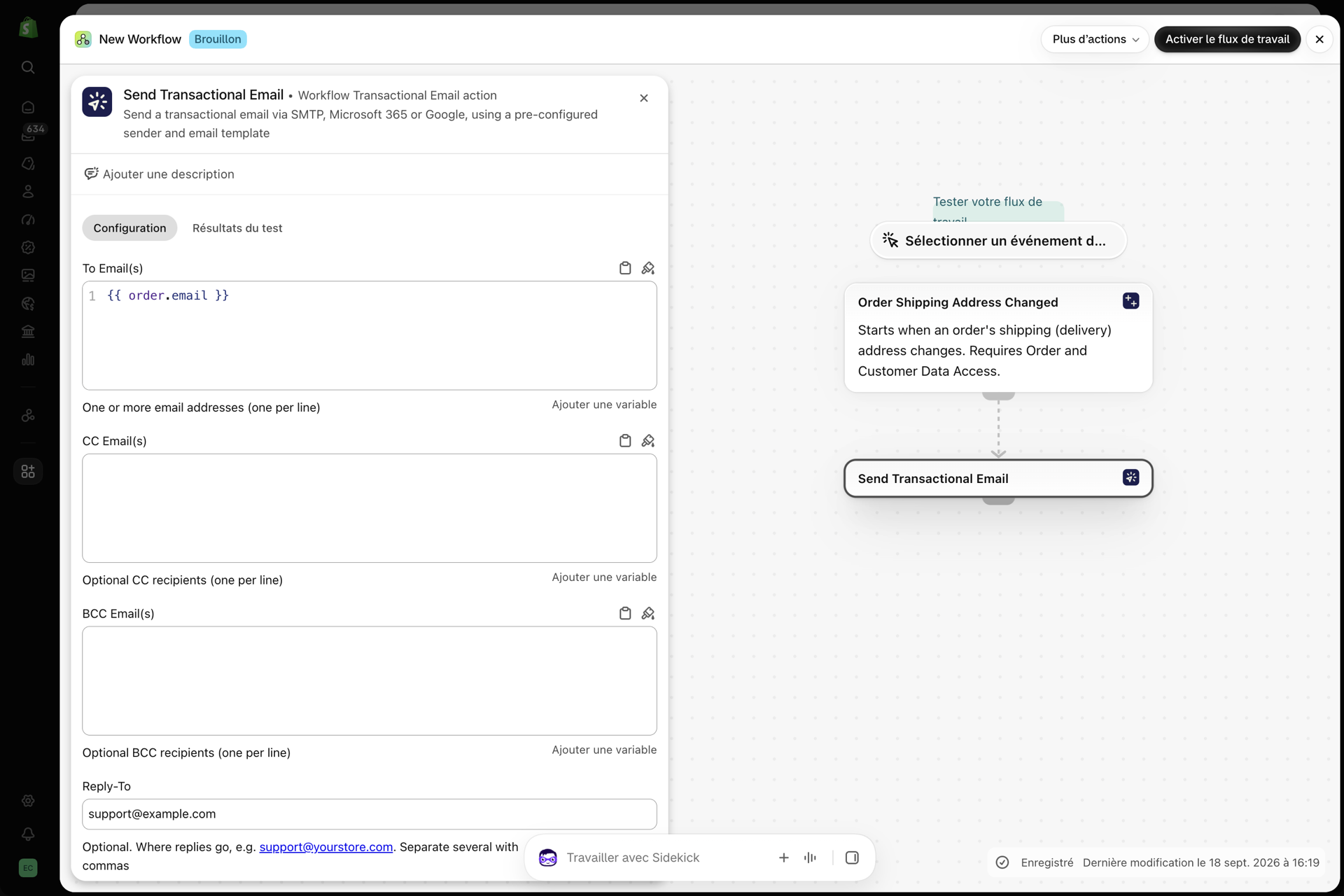 Un workflow Shopify Flow : un déclencheur suivi de l'action « Envoyer un e-mail transactionnel »