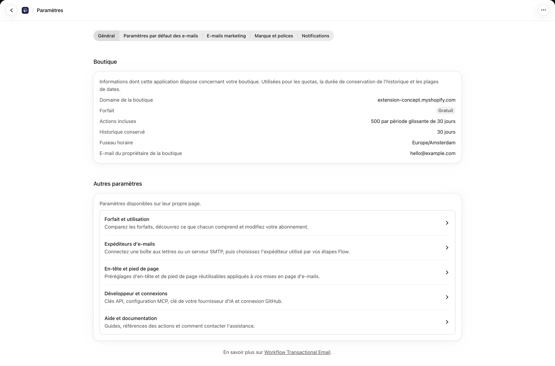 L'onglet « Général » des paramètres, qui contient les informations relatives à la boutique et des liens vers les autres pages de paramètres