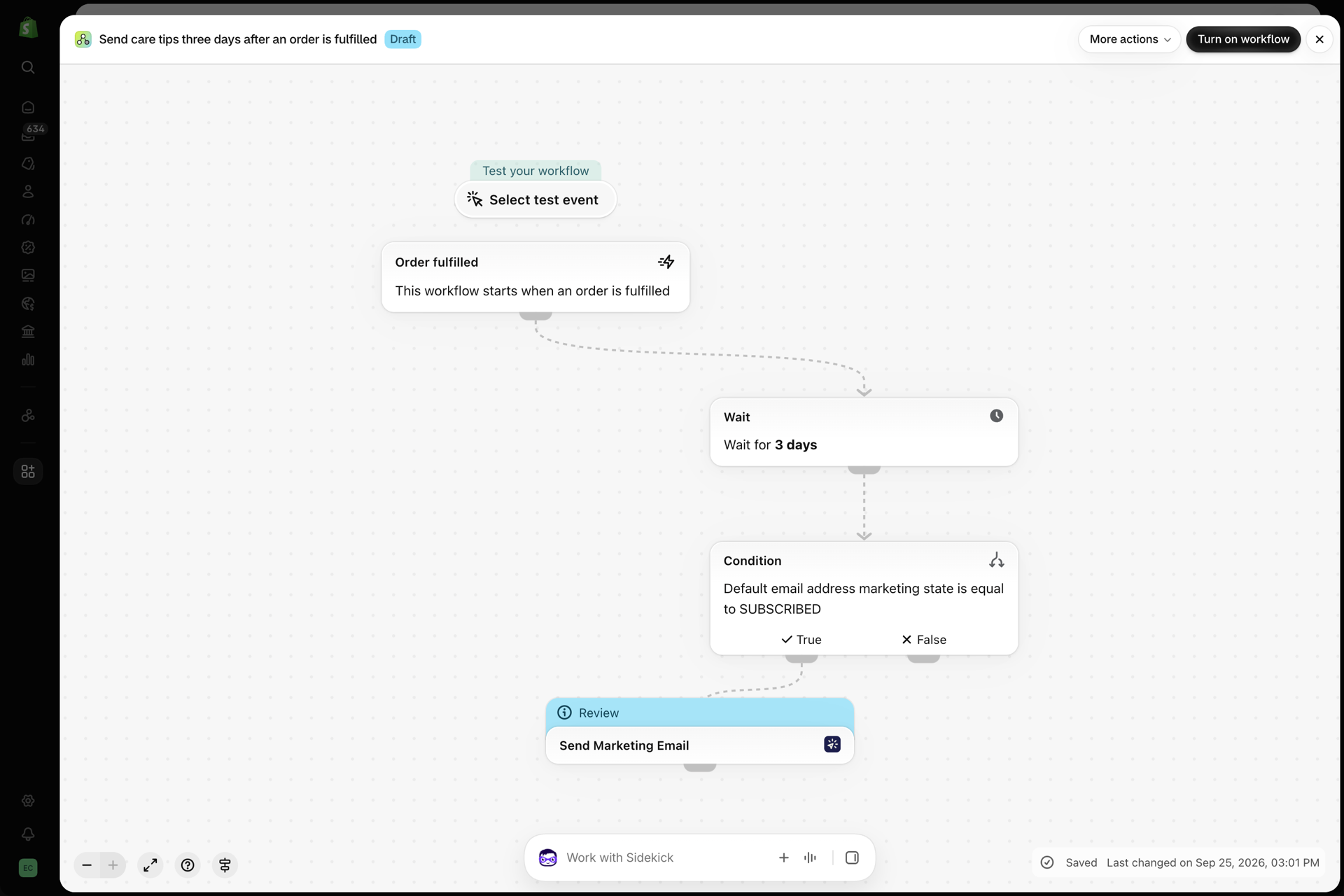 The workflow in Shopify Flow: Send care tips three days after an order is fulfilled