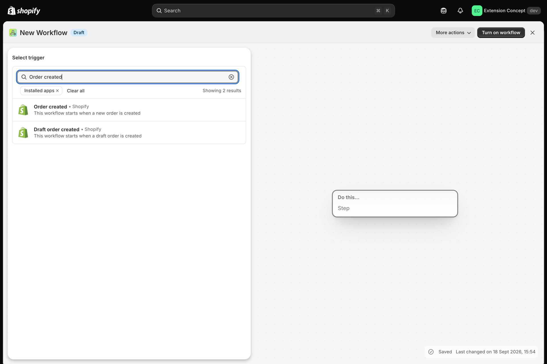 Shopify Flow's Select trigger panel searching for Order created