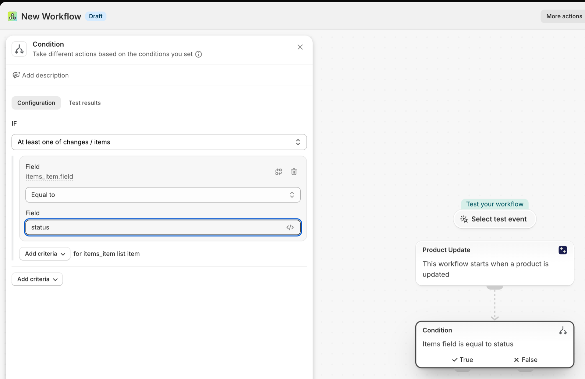 A Flow condition on Product Update: at least one of changes / items has field equal to status