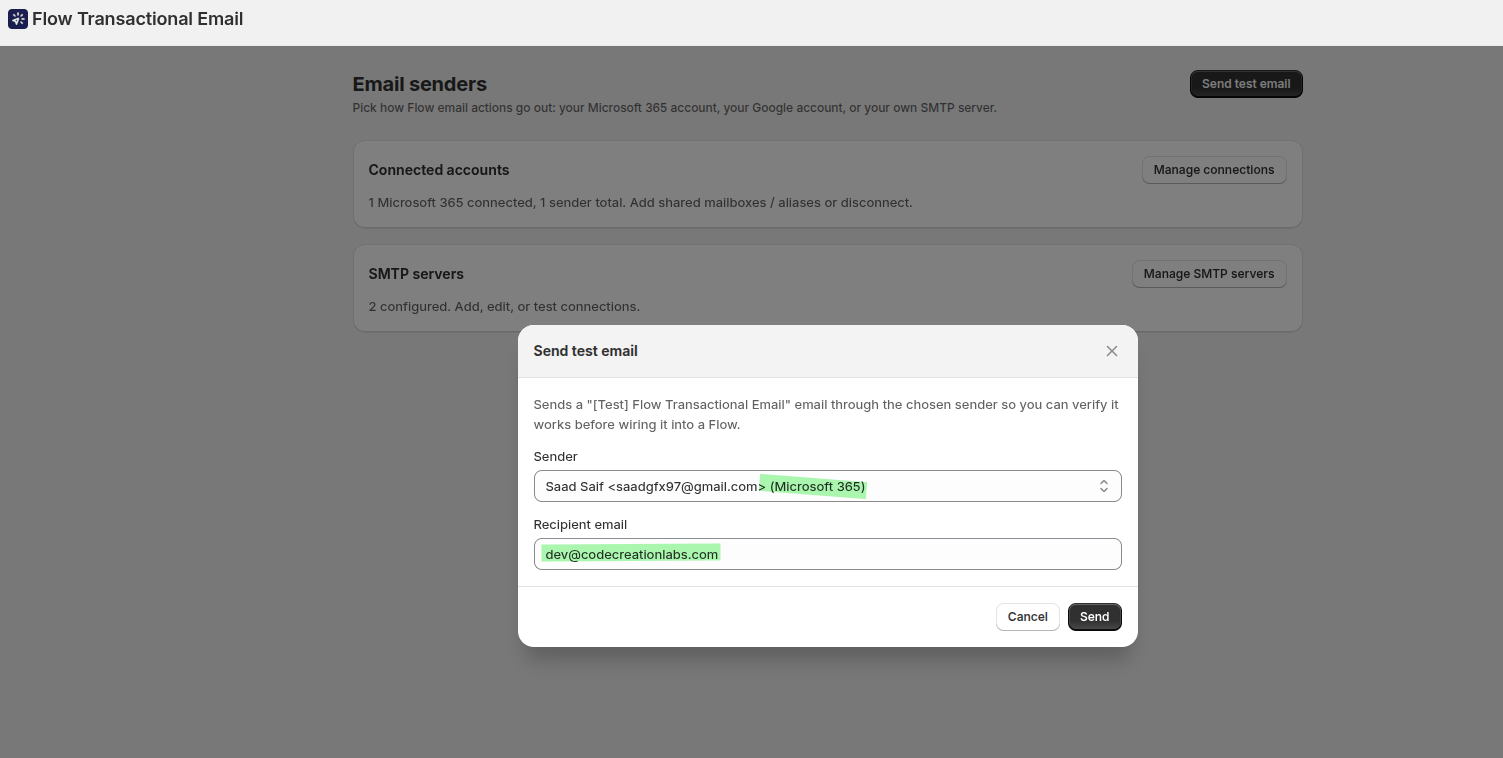The Send test email dialog with a Microsoft 365 sender selected