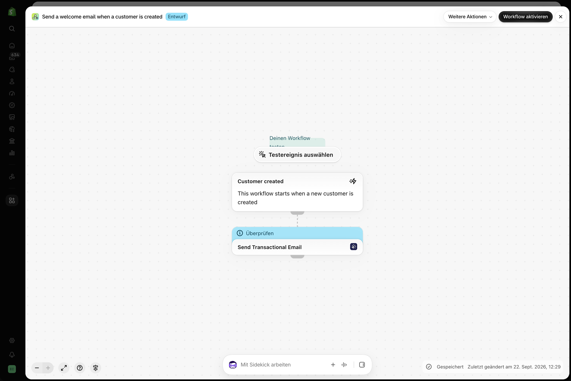 Der Workflow in Shopify Flow: Versenden einer Willkommens-E-Mail bei der Anlage eines Kunden