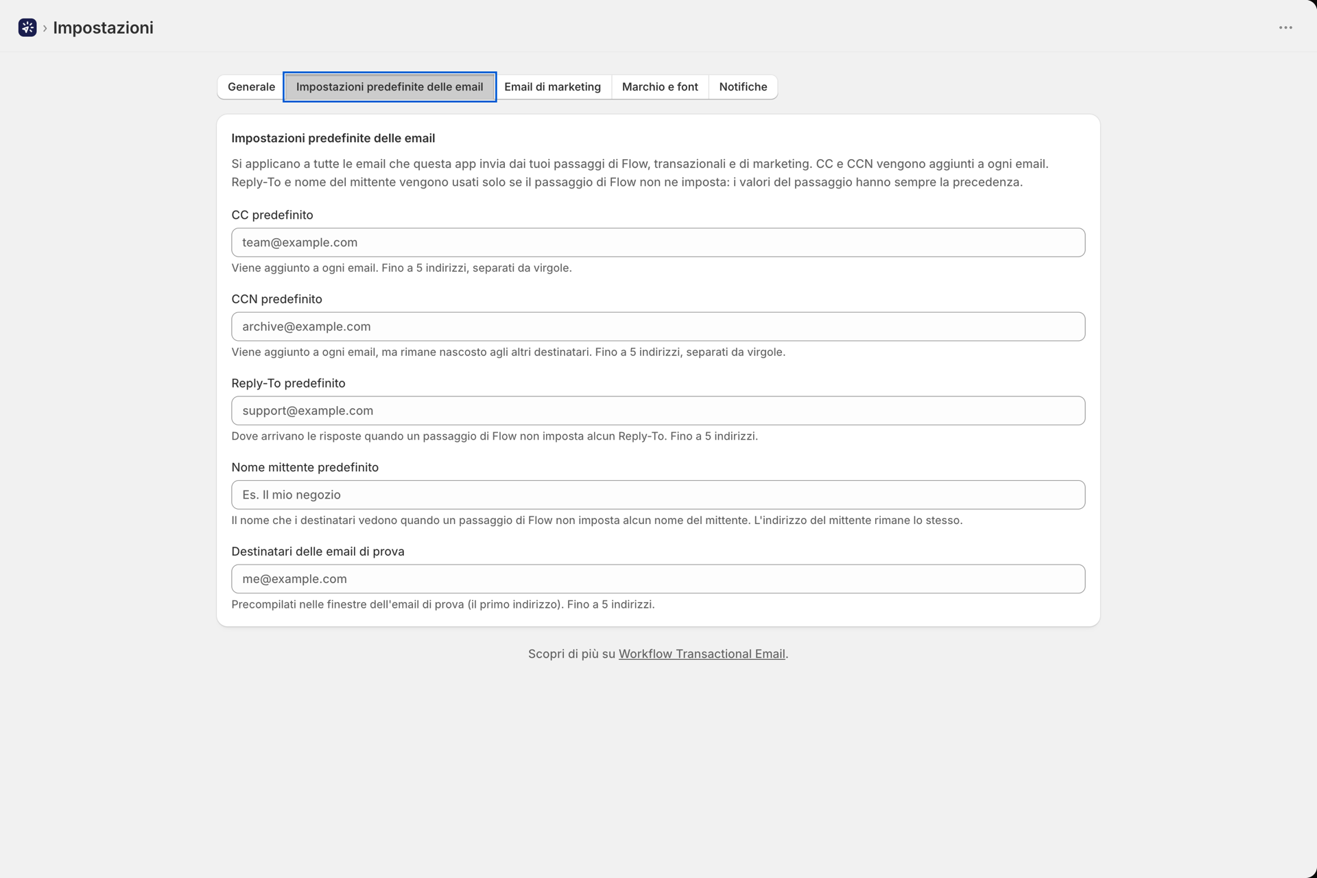 La scheda "Impostazioni predefinite e-mail" con i valori predefiniti per CC, CCN, "Rispondi a", nome del mittente e destinatari di prova delle e-mail