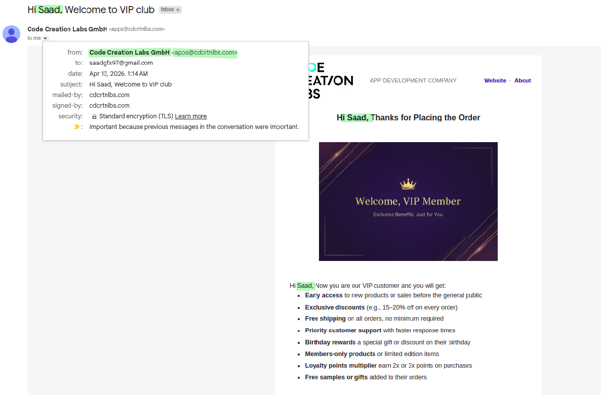 The delivered VIP welcome email