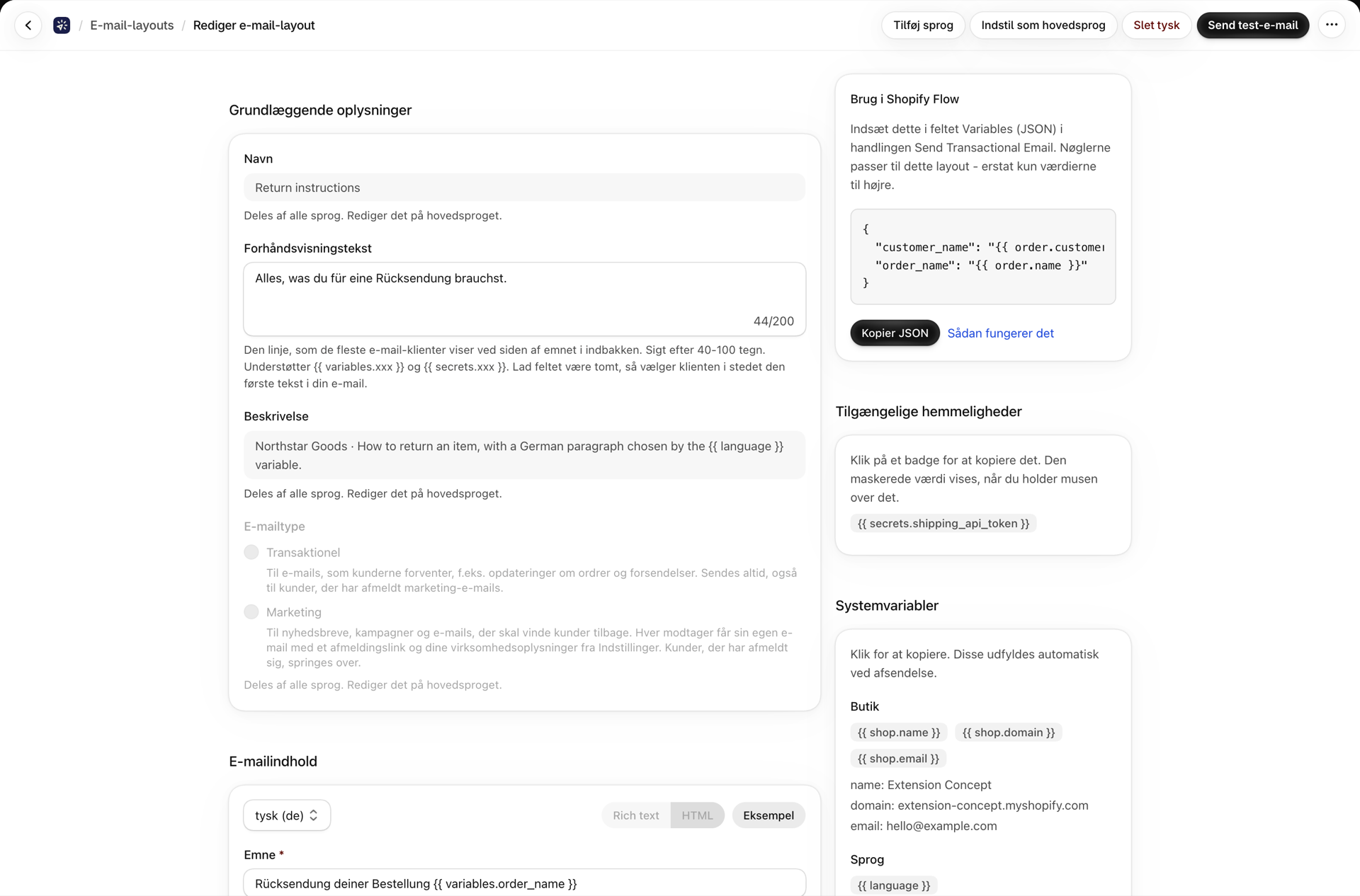 Den tyske version af et rich text-layout: samme skærmbillede, navn og beskrivelse er skrivebeskyttet, emne og brødtekst på tysk