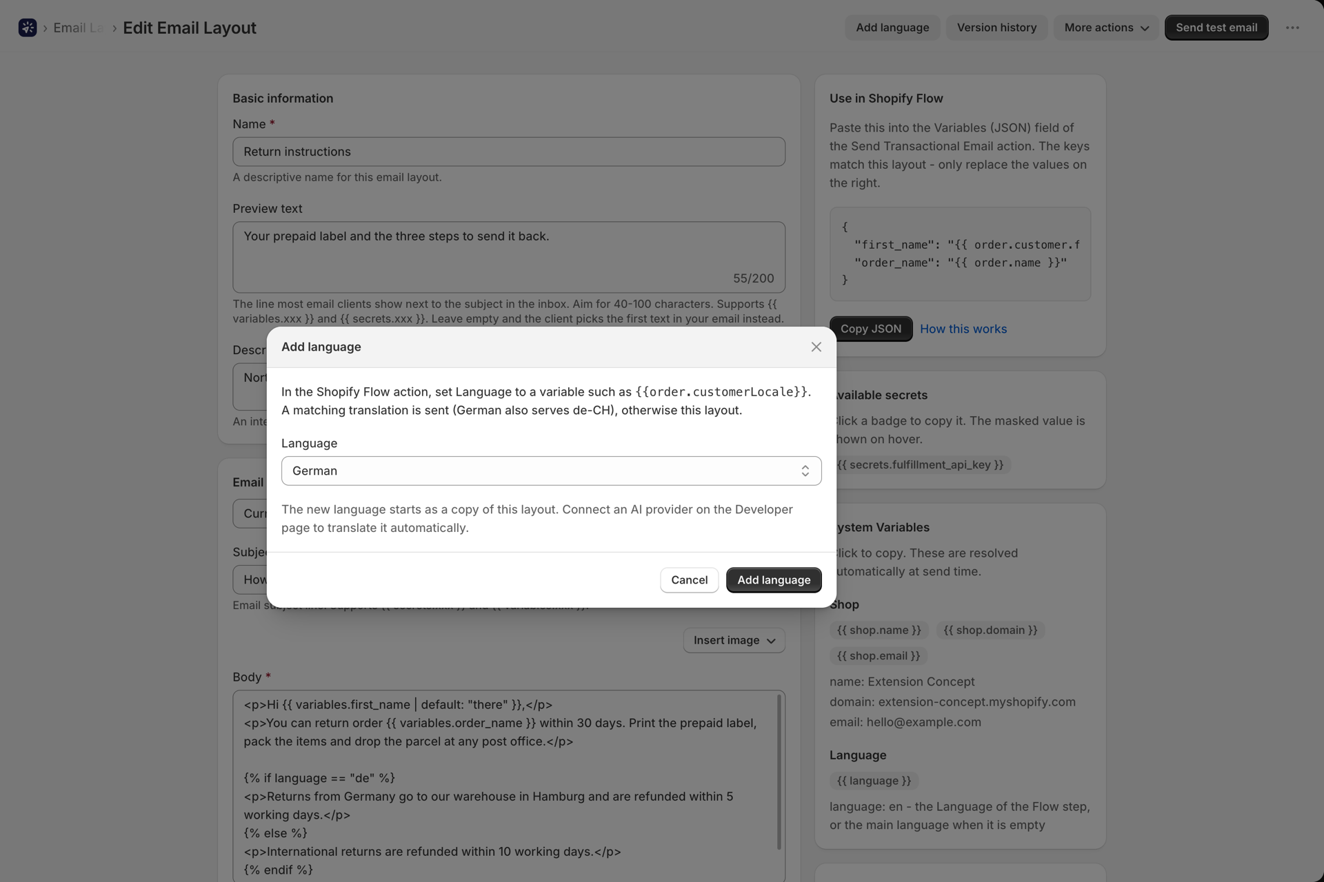 The Add language dialog of an email layout with German selected