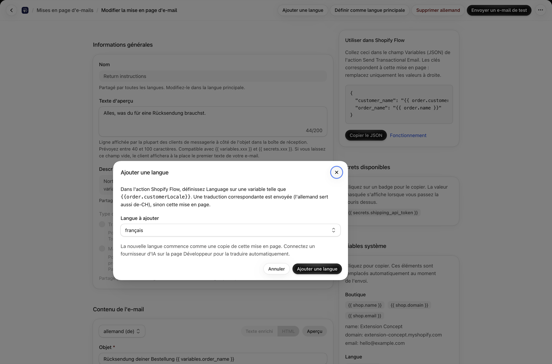 La boîte de dialogue « Ajouter une langue » d'un modèle d'e-mail avec l'allemand sélectionné