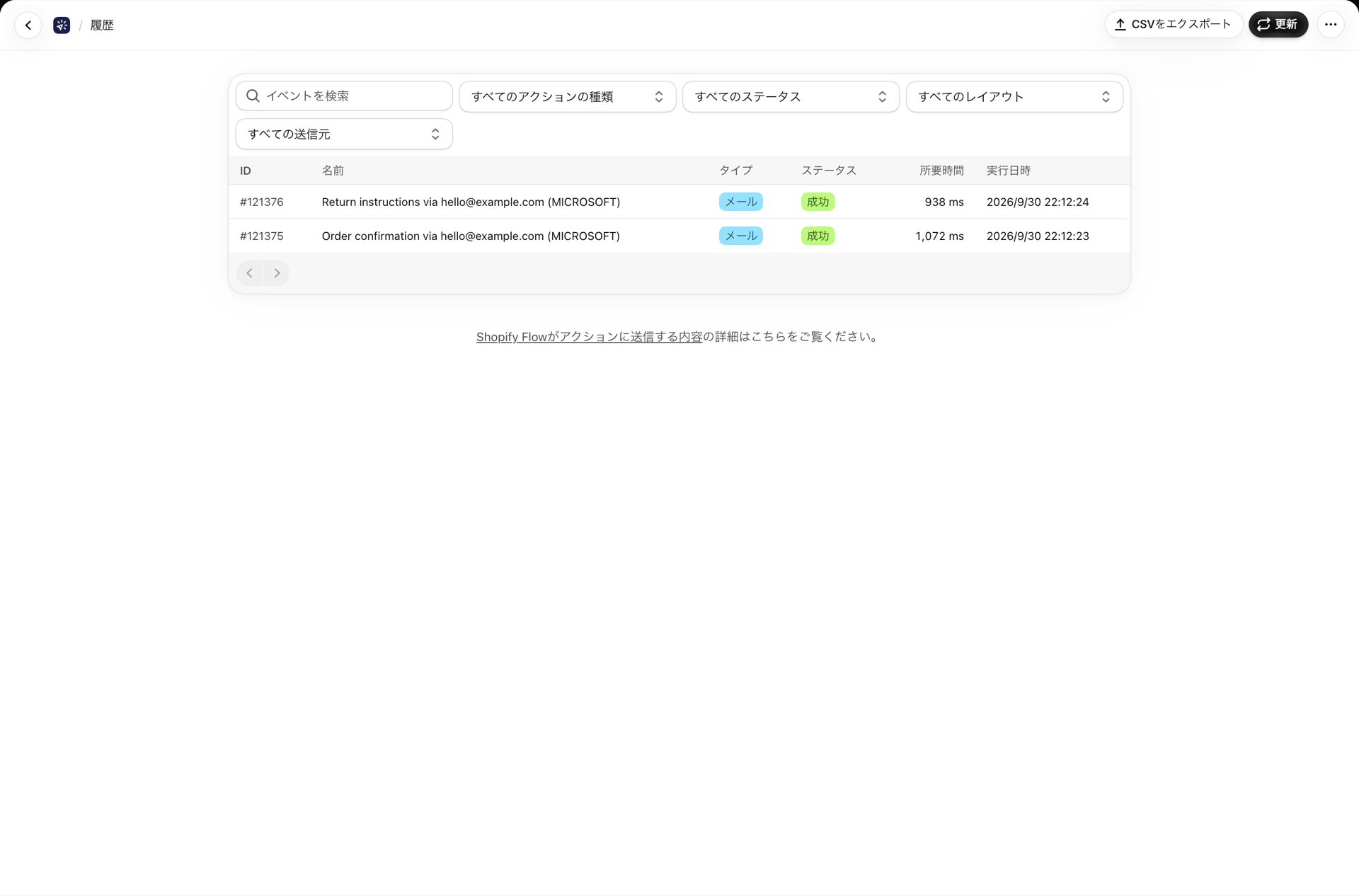 検索フィールド、アクションの種類、ステータス、レイアウト、送信者ごとのフィルター、およびリストに表示された2通の送信済みメールが掲載された「履歴」ページ