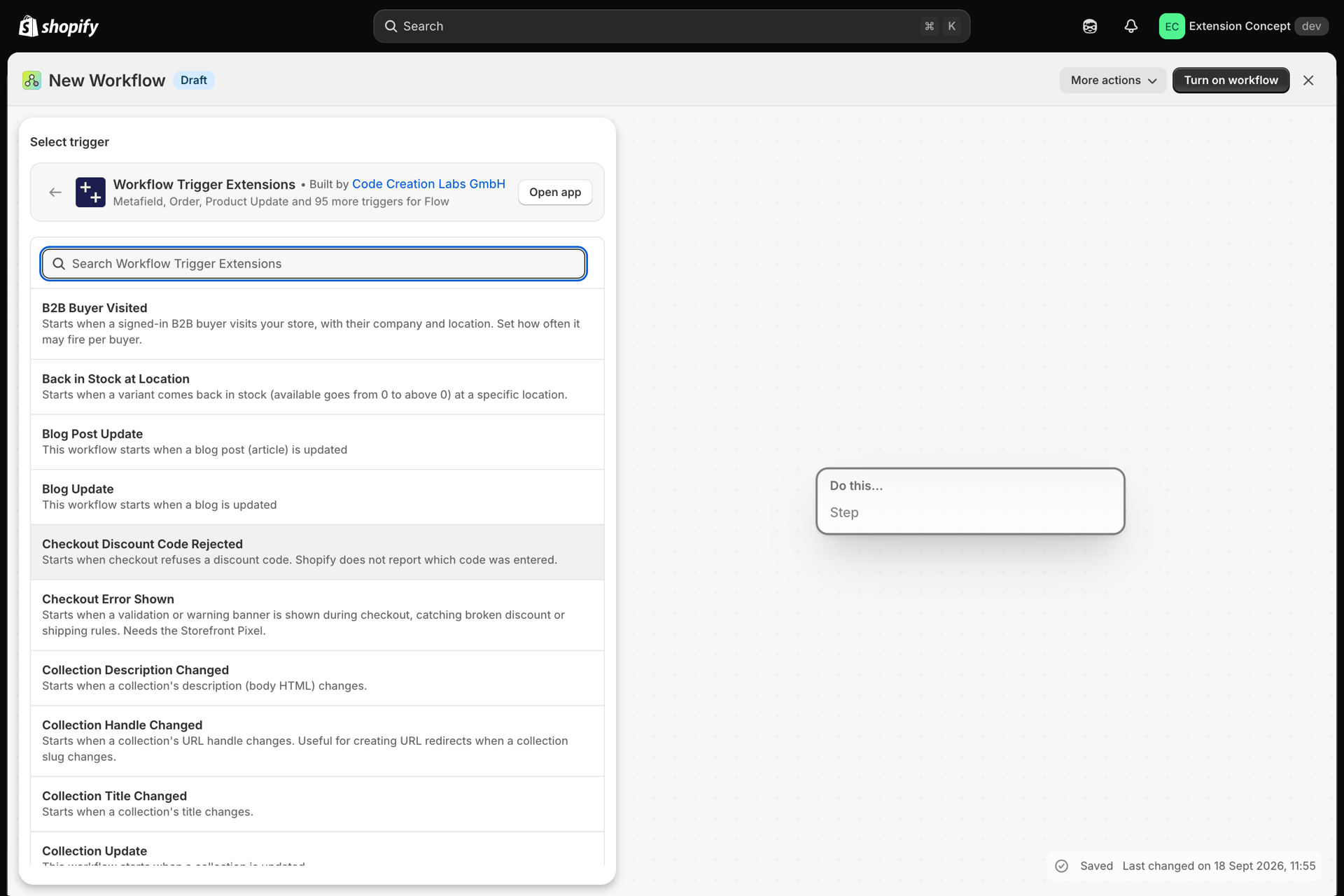 Flow's Select trigger panel with Workflow Trigger Extensions opened and its triggers listed with a description each