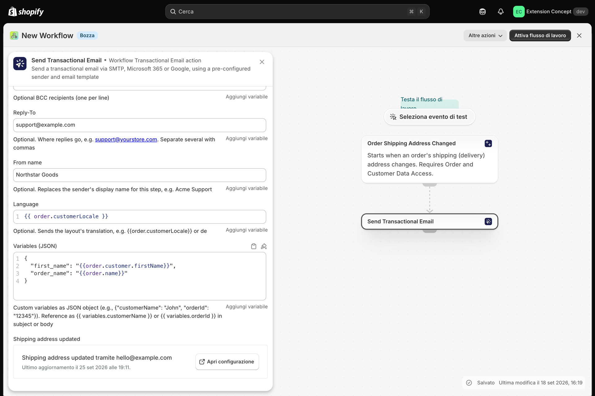 L'azione "Invia e-mail transazionale" in Shopify Flow con i campi "Rispondi a", "Nome mittente", "Lingua" e il file JSON delle variabili compilato con le variabili di Shopify Flow