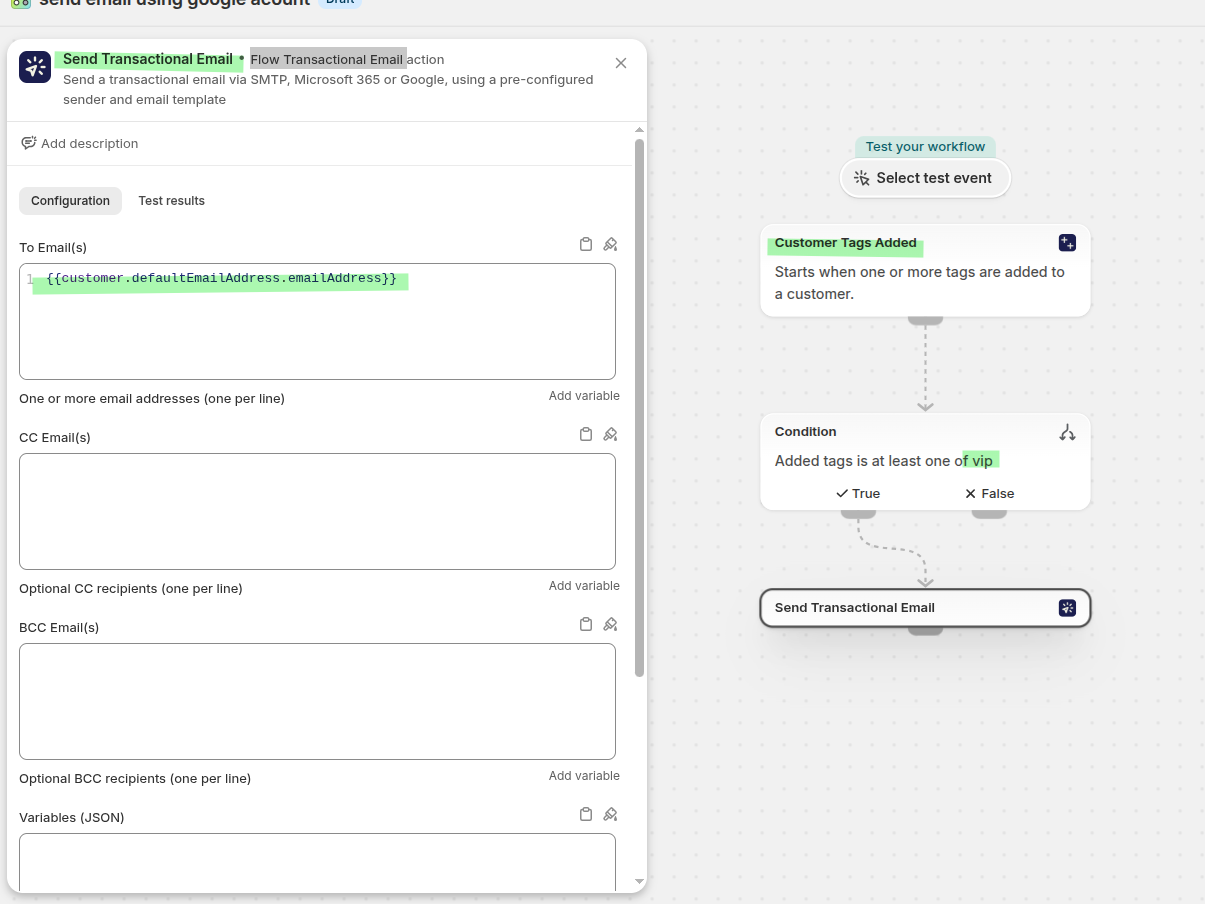 A Shopify Flow workflow with a trigger, condition and the Send Transactional Email action