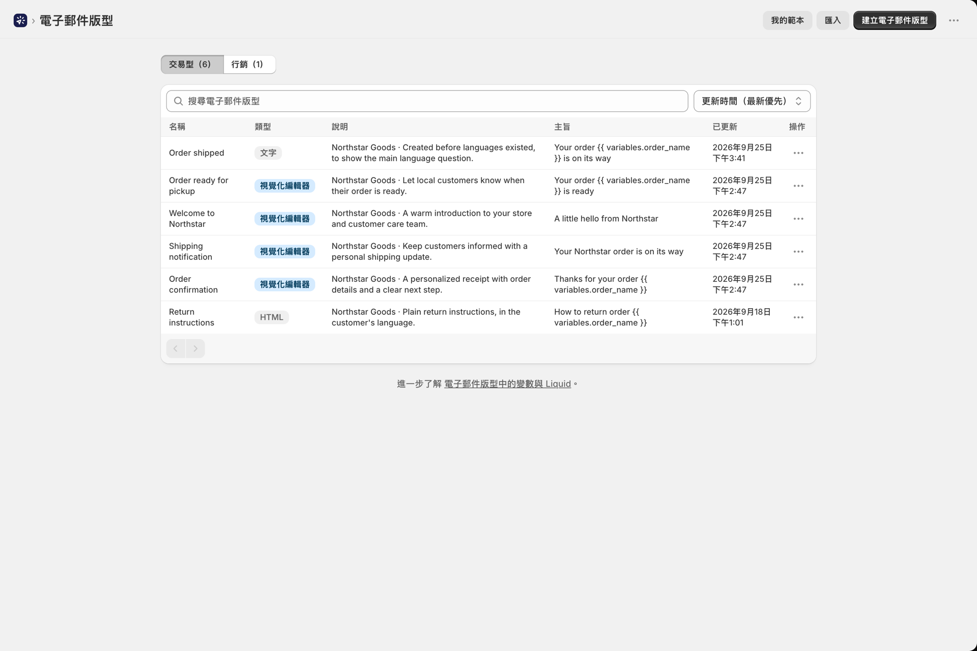 「電子郵件版面配置」頁面及其「交易型」與「行銷型」分頁