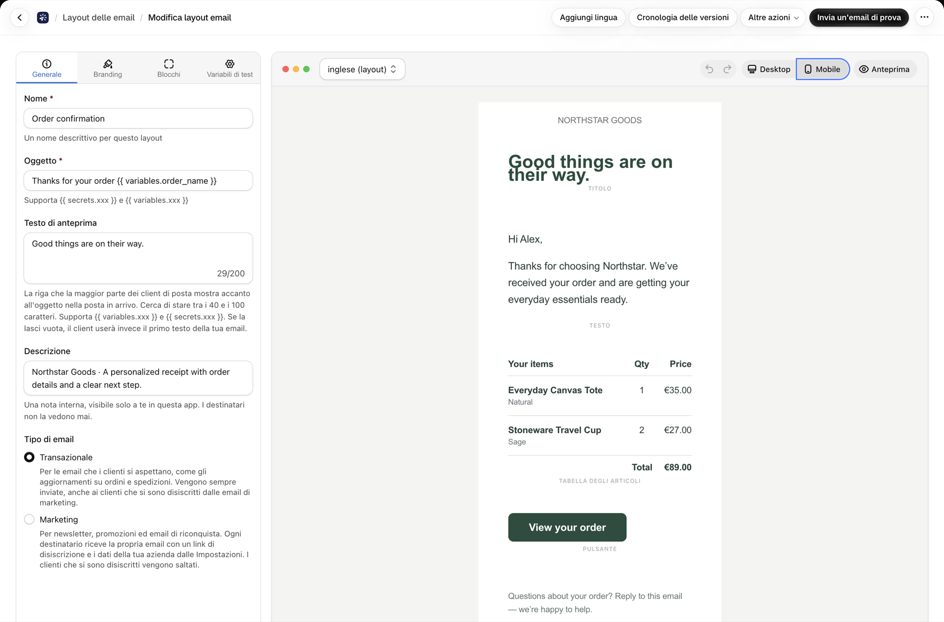 Il visual builder con l'area di lavoro impostata sulla vista "Mobile"
