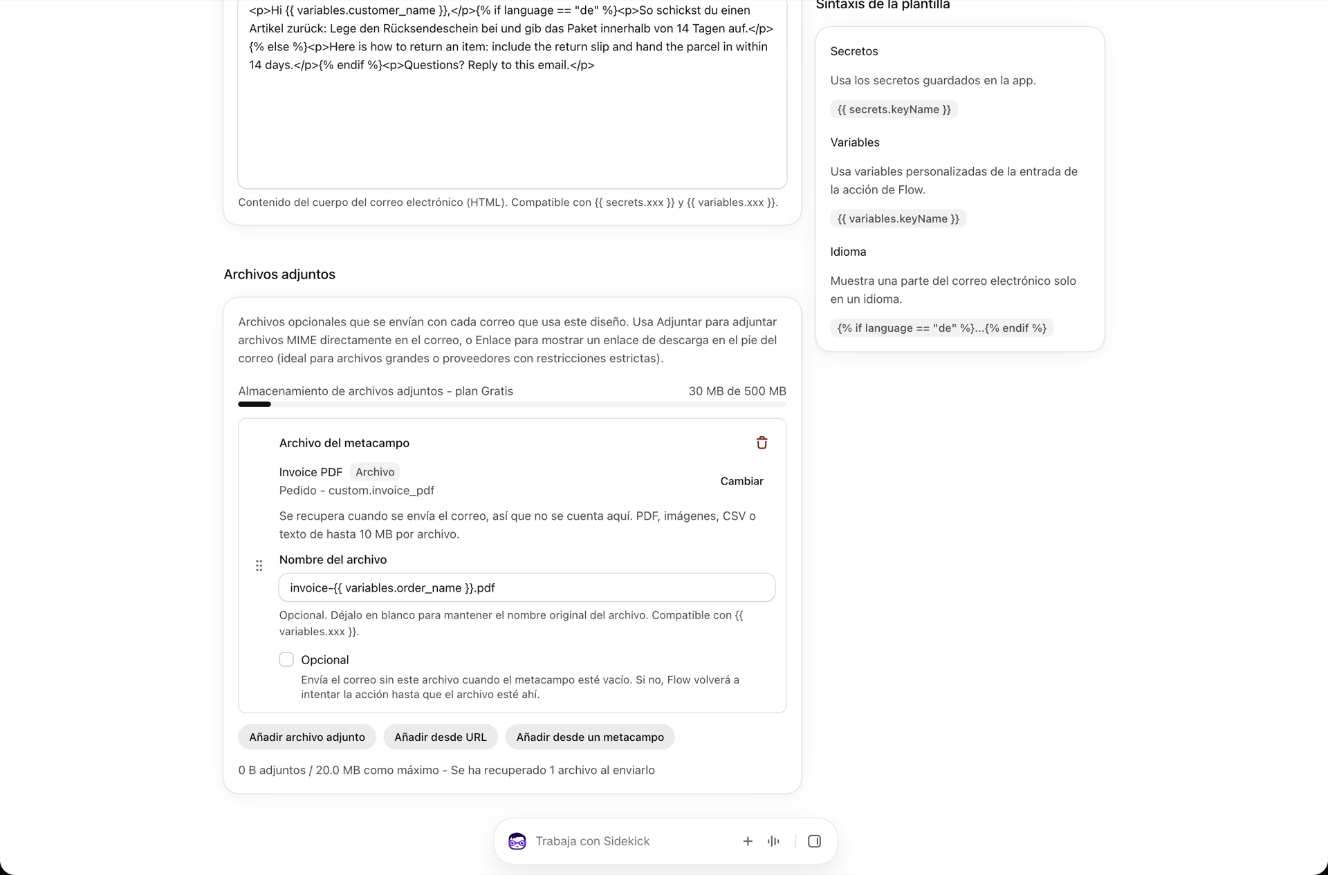 La ficha «Archivos adjuntos» de un diseño de texto enriquecido con los botones «Añadir archivo adjunto», «Añadir desde URL» y «Añadir desde metacampo»