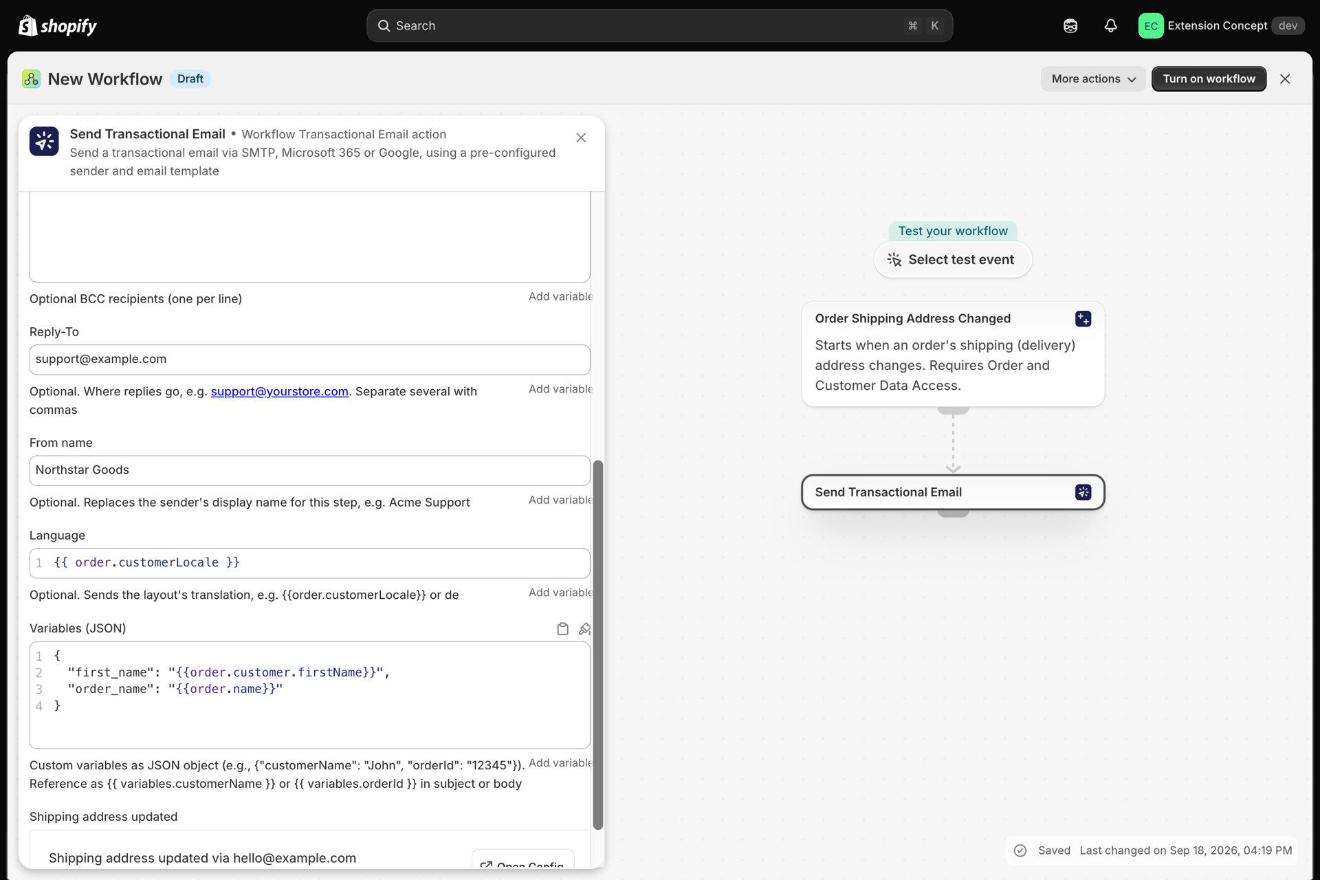 The Send Transactional Email action in Shopify Flow with Reply-To, From name, Language and the Variables JSON filled with Flow variables