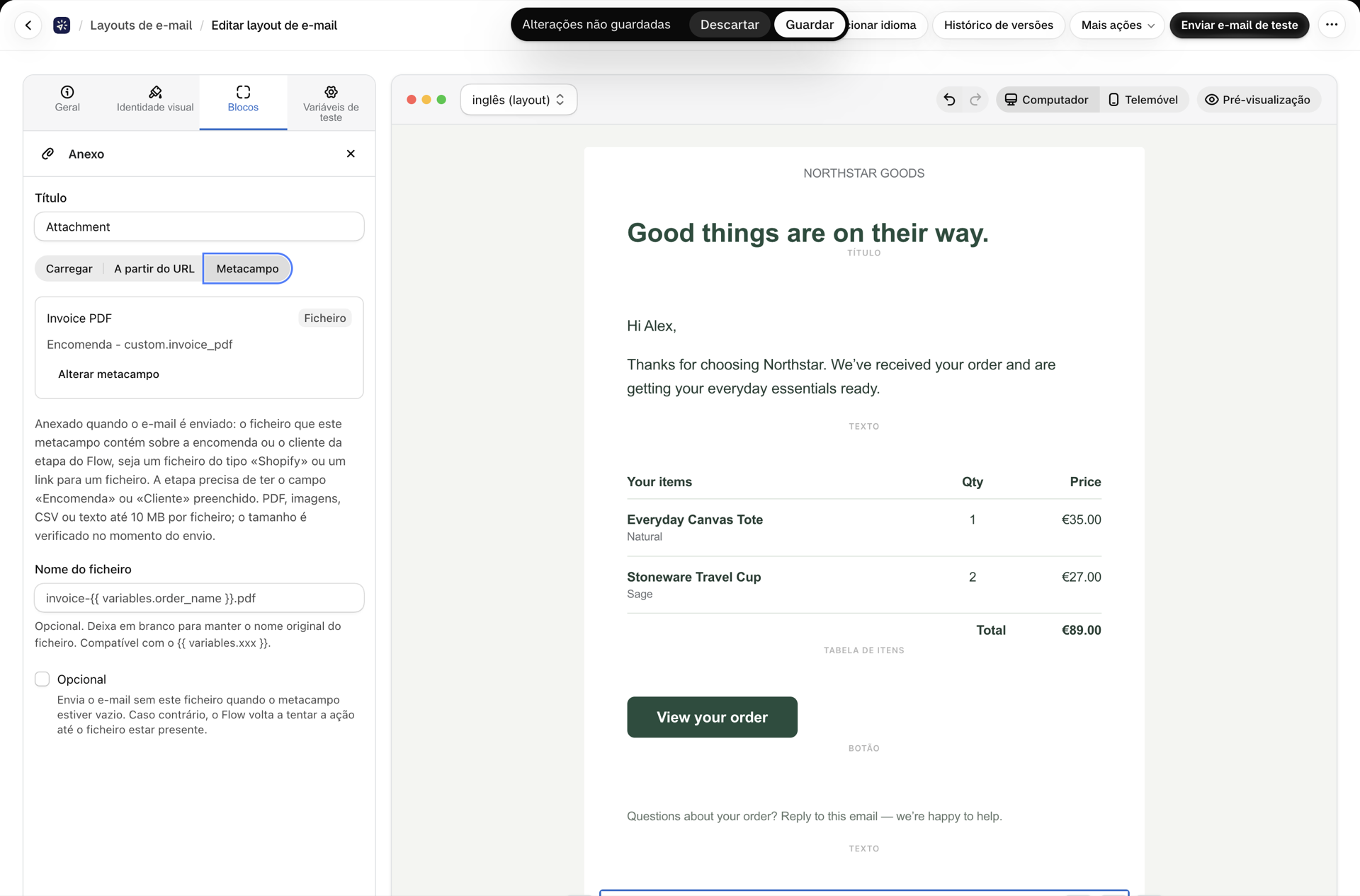 O bloco de anexos após selecionar o metacampo: PDF da fatura, Ficheiro, Fatura personalizada do pedido (custom.invoice_pdf), um botão «Alterar metacampo», a substituição do nome do ficheiro e a caixa de seleção «Opcional»