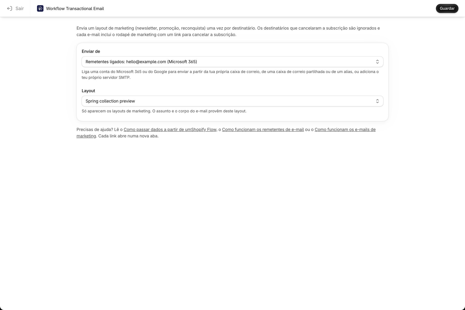 A página de configuração «Enviar e-mail de marketing», com um remetente e um modelo de marketing selecionados