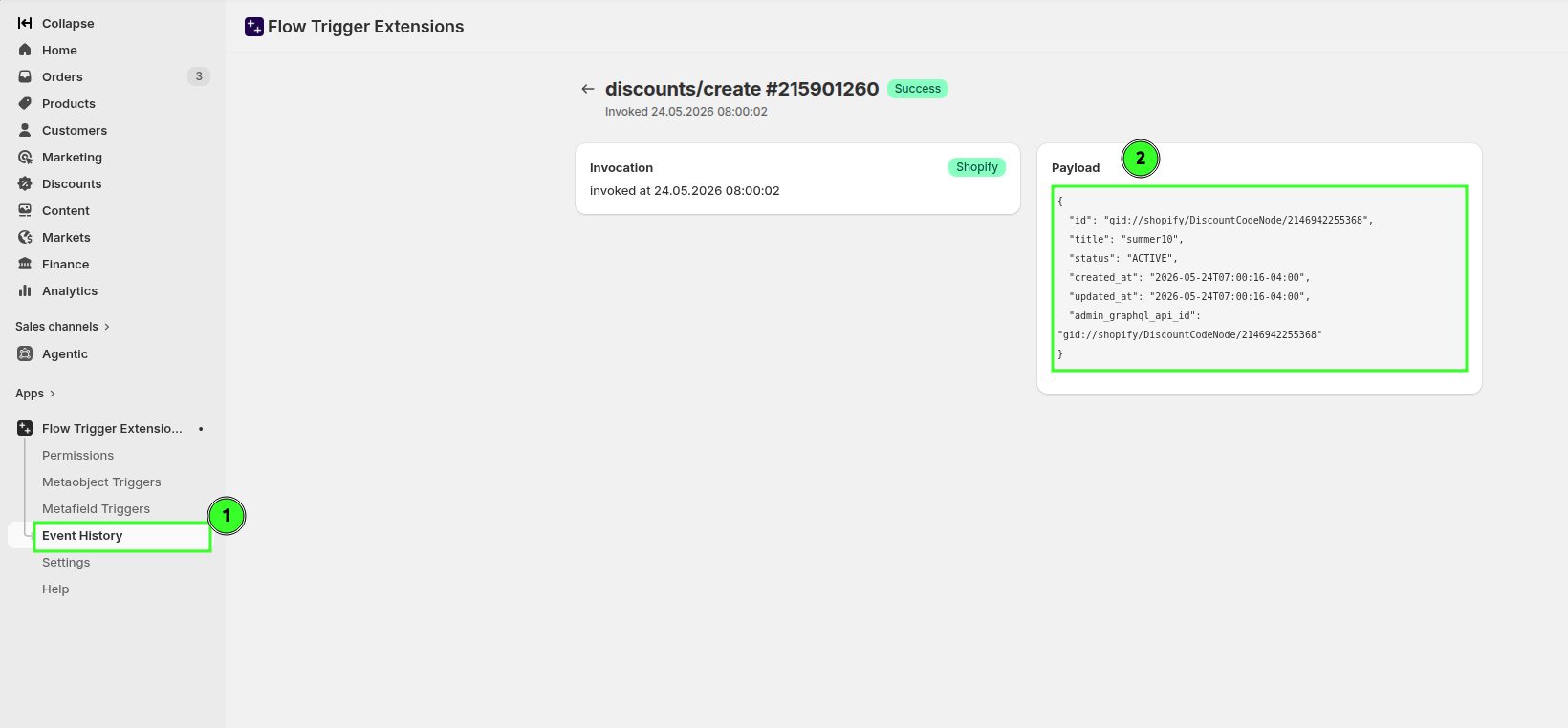 Workflow Trigger Extensions Event History screen showing a discounts create event and its payload