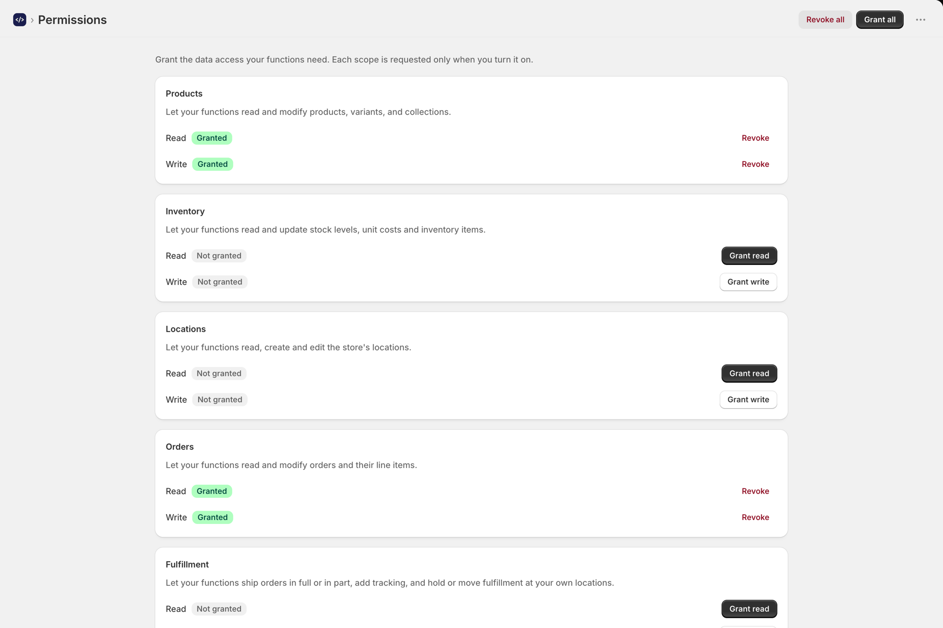 The Permissions page with one card per resource, granted and not granted, with Grant read and Grant write buttons