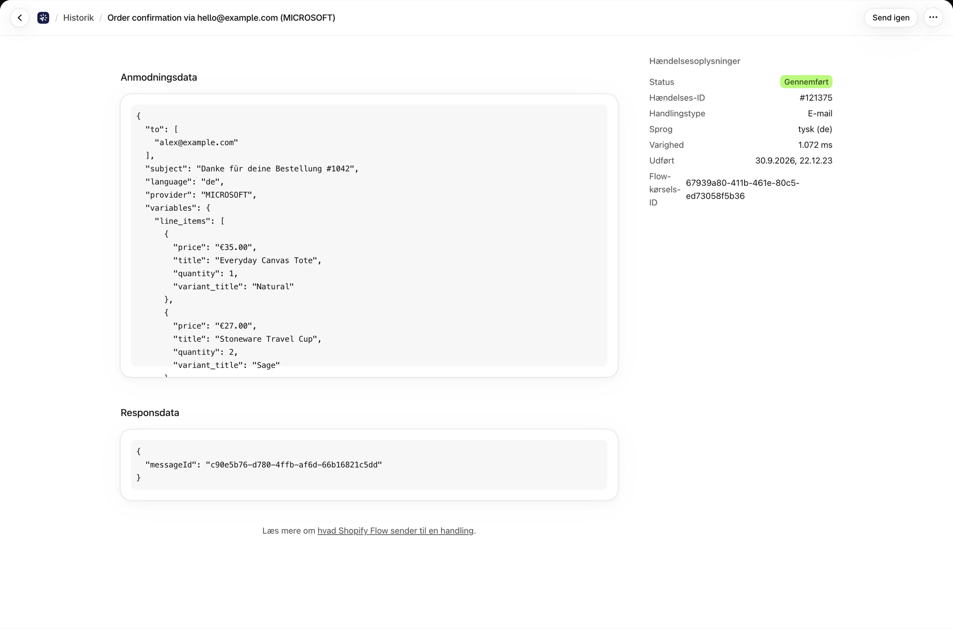 En historikbegivenhed for en afsendt e-mail med status, varighed og sproget tysk under »Begivenhedsdetaljer«