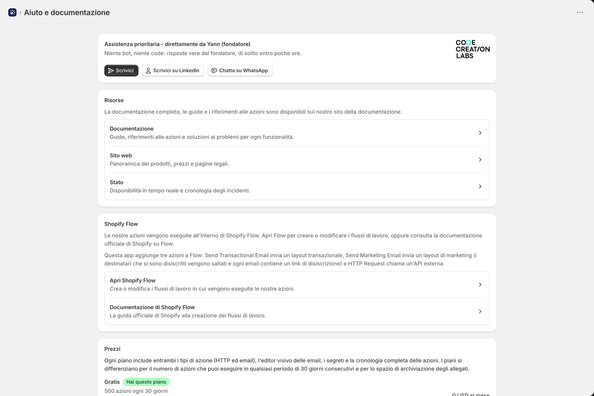 La pagina “Assistenza e documentazione” con assistenza prioritaria, risorse, Shopify Flow e informazioni sui prezzi