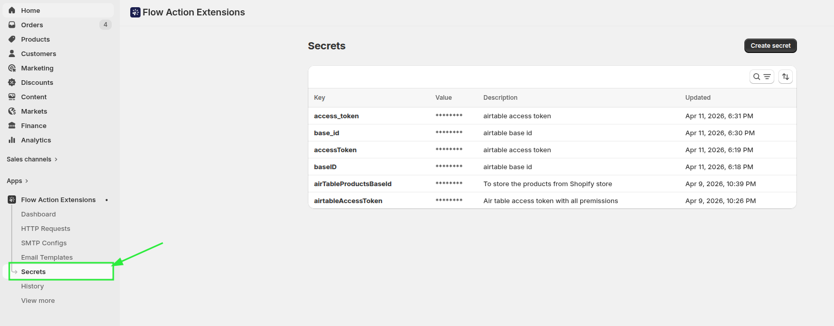 The Secrets page
