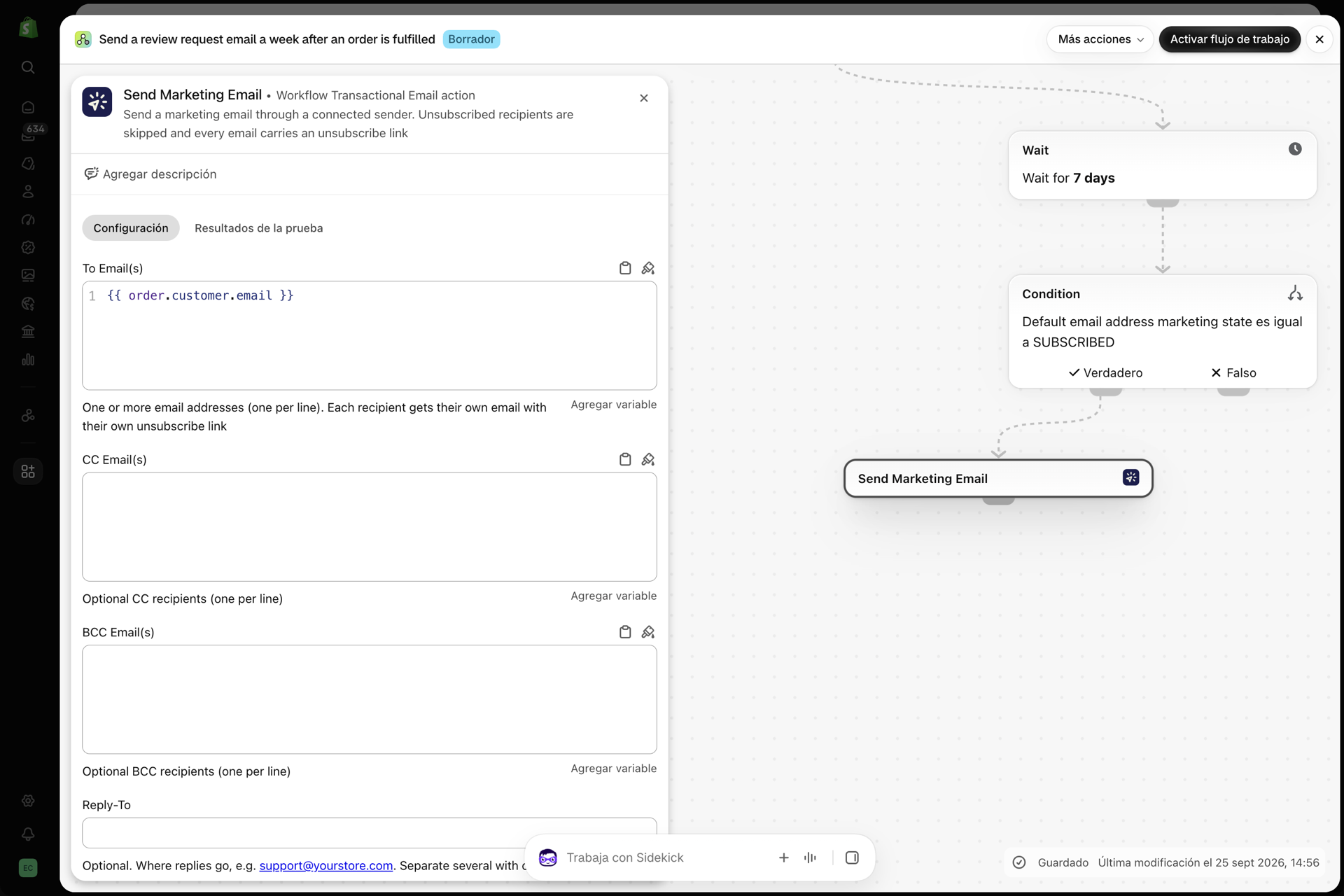 La acción «Enviar correo electrónico de marketing» en Shopify Flow, con el campo «Para» configurado con la dirección de correo electrónico del cliente, el idioma y el archivo JSON de variables rellenado