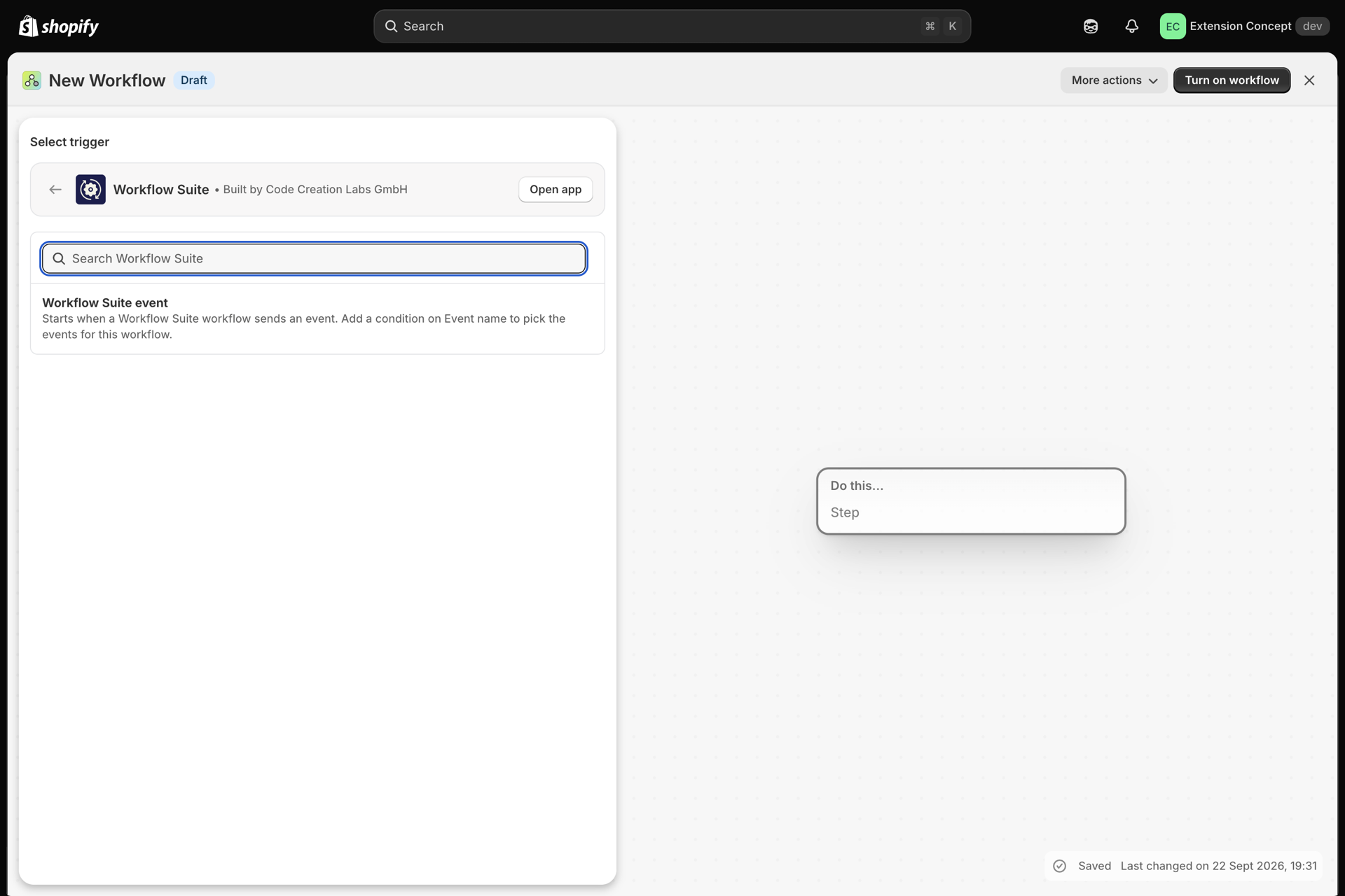 Shopify Flow's Select trigger panel opened on the app Workflow Suite, with the trigger Workflow Suite event and its description