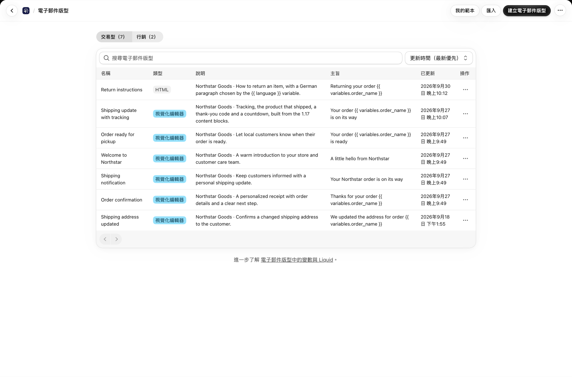 「電子郵件版面配置」頁面及其「交易型」與「行銷型」分頁