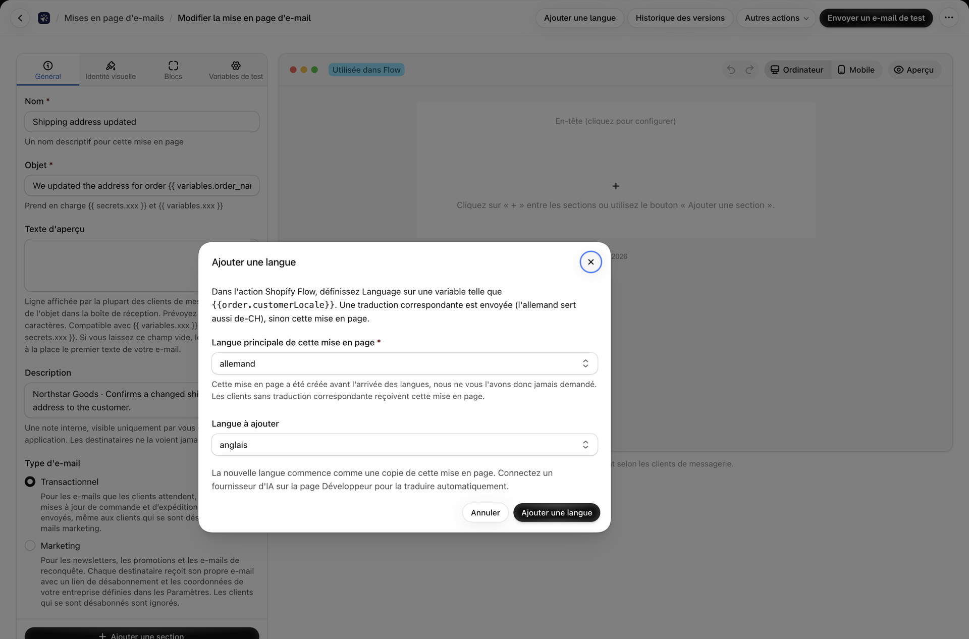 La boîte de dialogue « Ajouter une langue » sur une mise en page créée avant l'introduction des langues : la langue principale de cette mise en page apparaît en premier et est obligatoire, suivie de la langue à ajouter