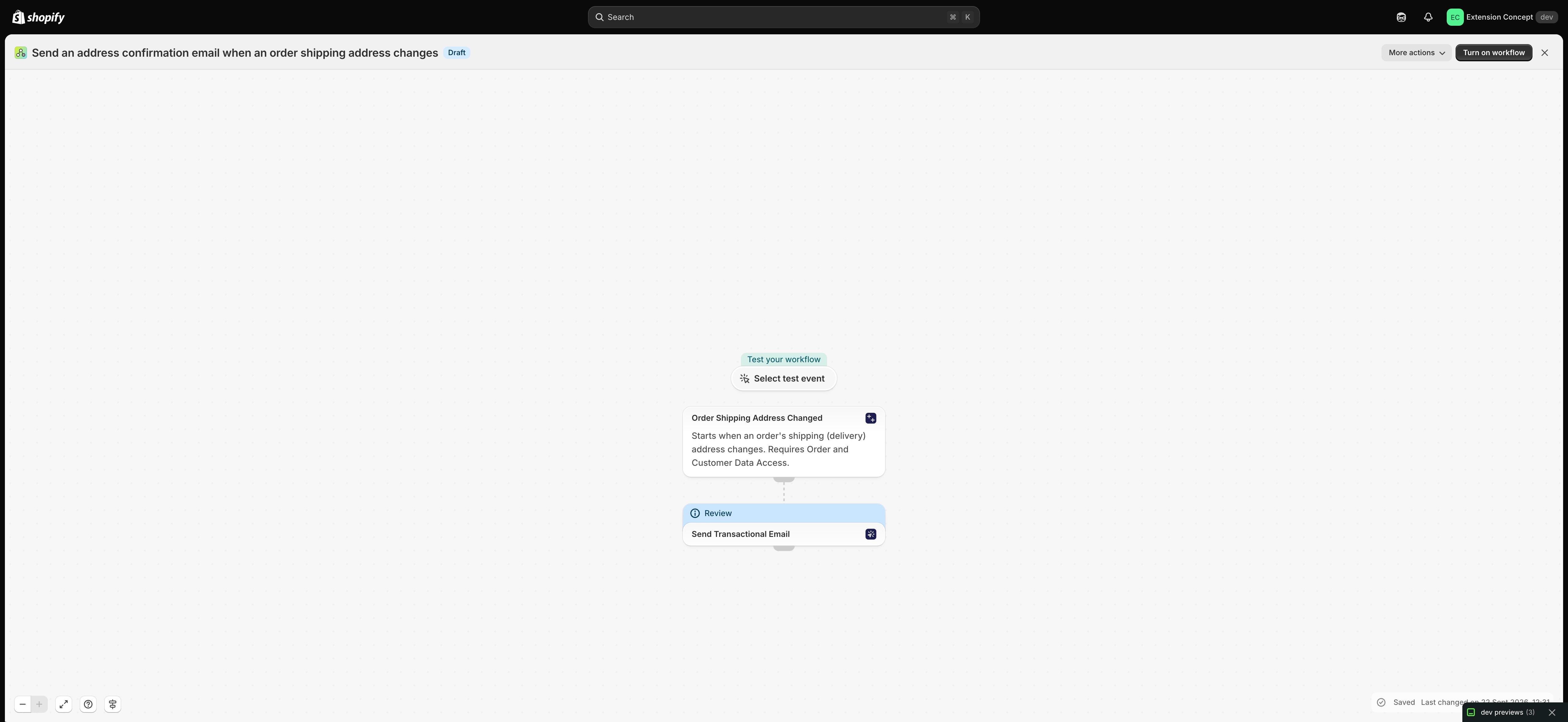 The workflow in Shopify Flow: Send an address confirmation email when an order shipping address changes
