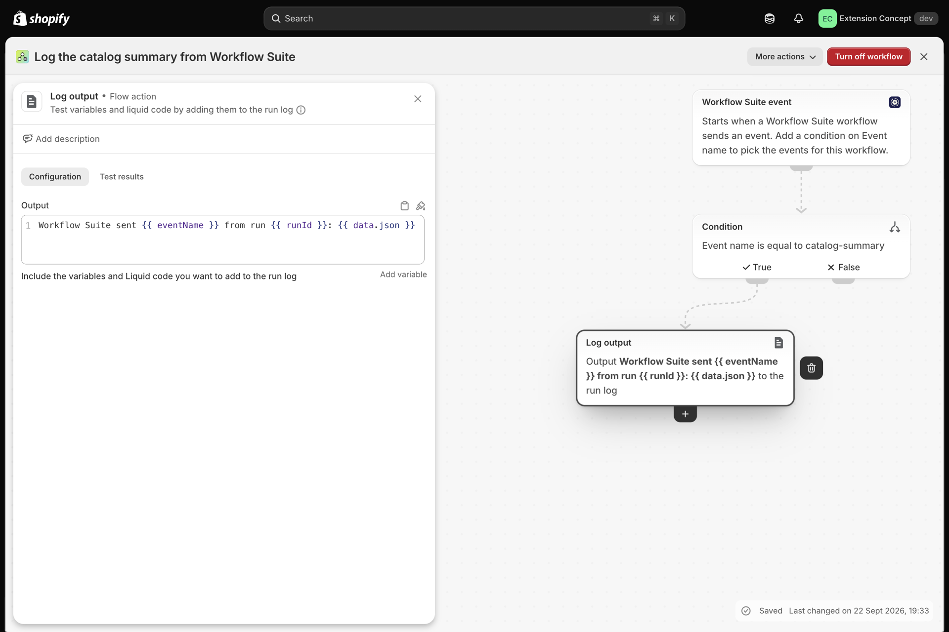 The Shopify Flow workflow Log the catalog summary from Workflow Suite: the trigger Workflow Suite event, a condition Event name is equal to catalog-summary, and a Log output step whose message uses eventName, runId and data.json