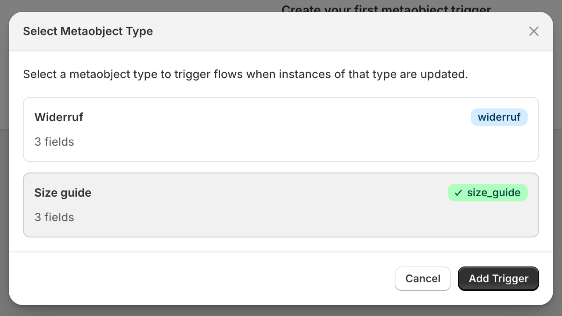 The Select Metaobject Type dialog with the type Size guide selected