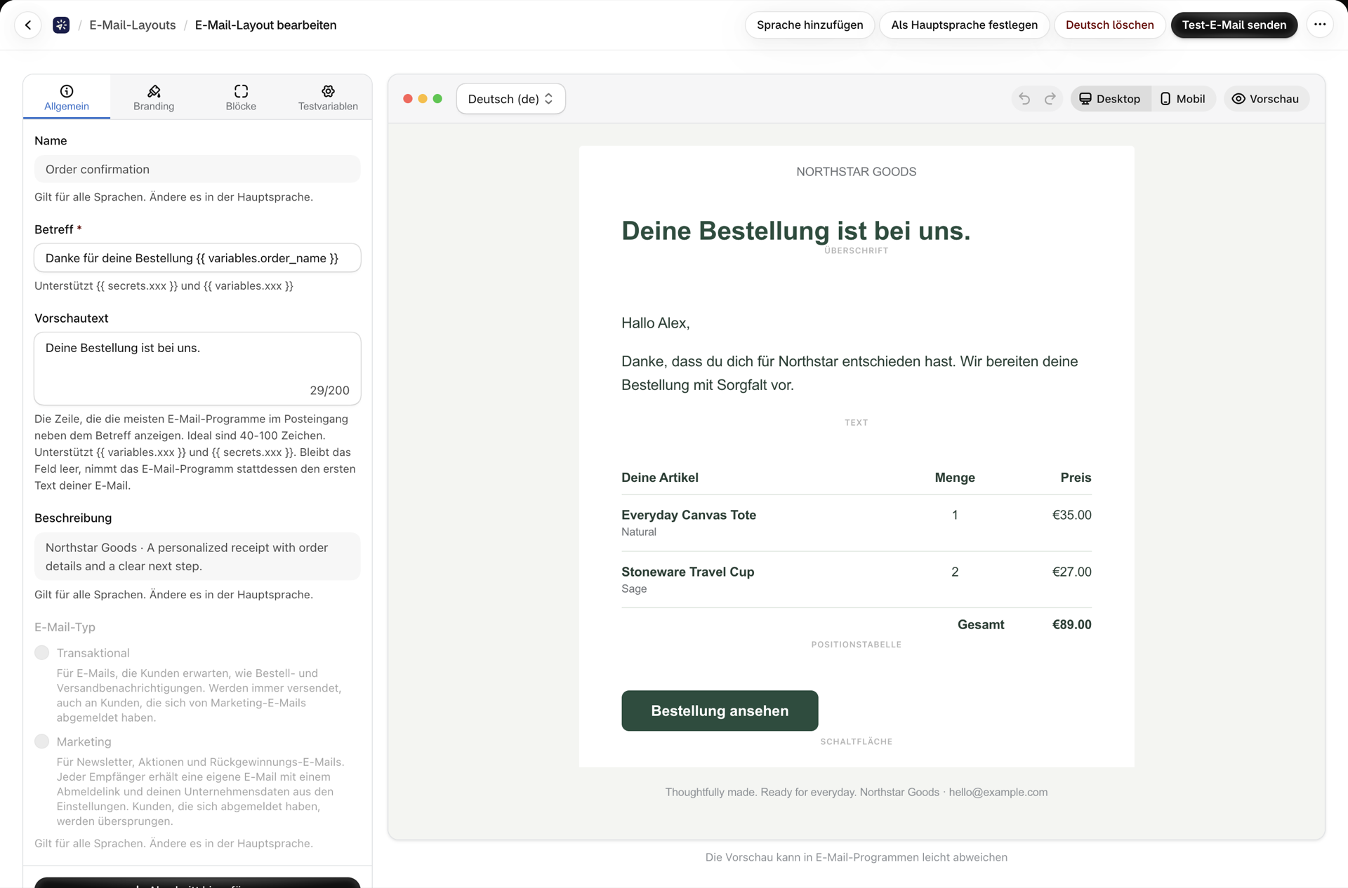 Der visuelle Editor, der die deutsche Version einer Bestätigung für eine Bestellung anzeigt