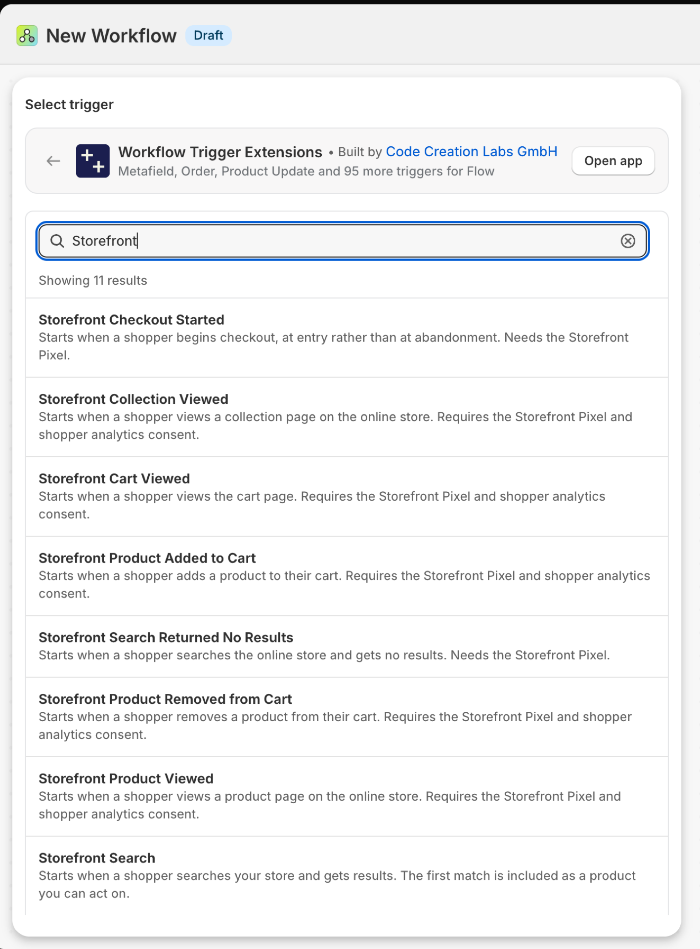 Shopify Flow's trigger picker inside Workflow Trigger Extensions, searched for Storefront