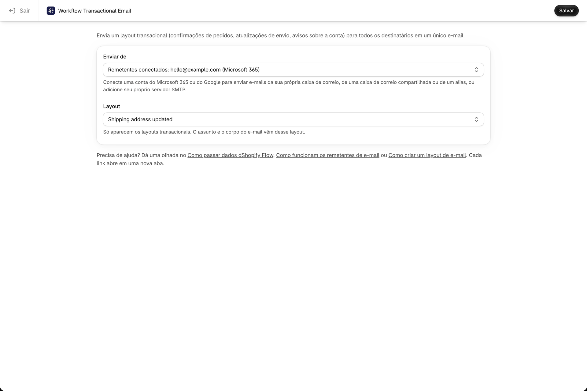 A página de configuração da ação “E-mail”, com um remetente e um modelo de e-mail selecionados