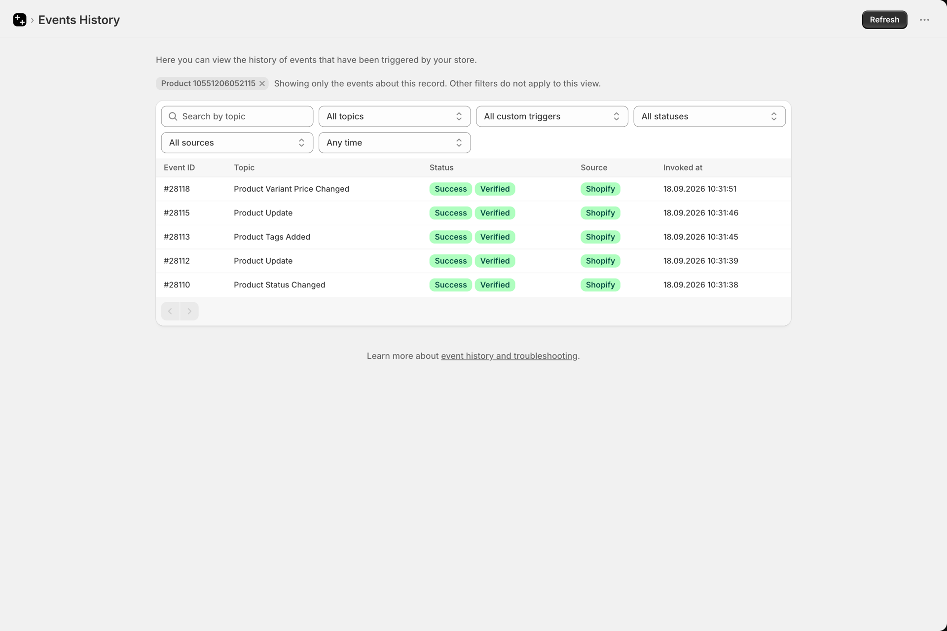 Event History narrowed to one product, shown as a removable chip above the list