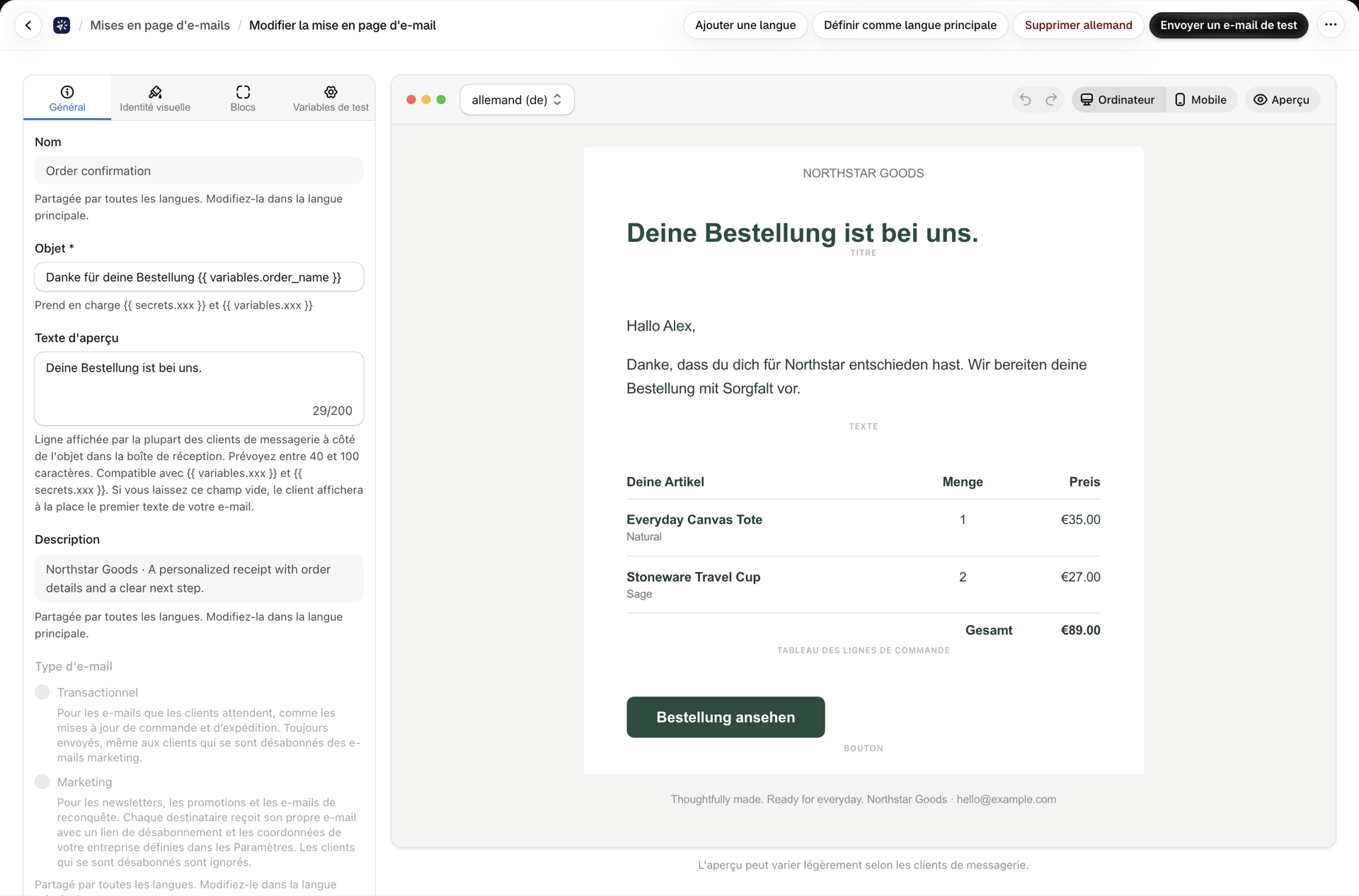 L'éditeur visuel affichant la version allemande d'une confirmation de commande