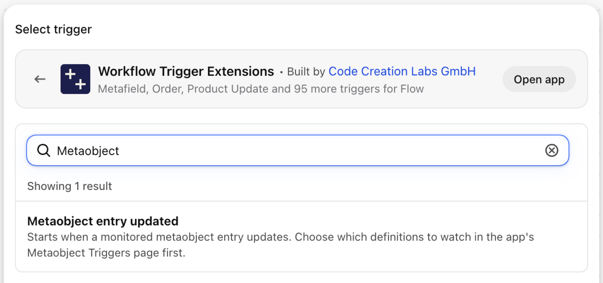 Shopify Flow's trigger picker inside Workflow Trigger Extensions, searched for Metaobject