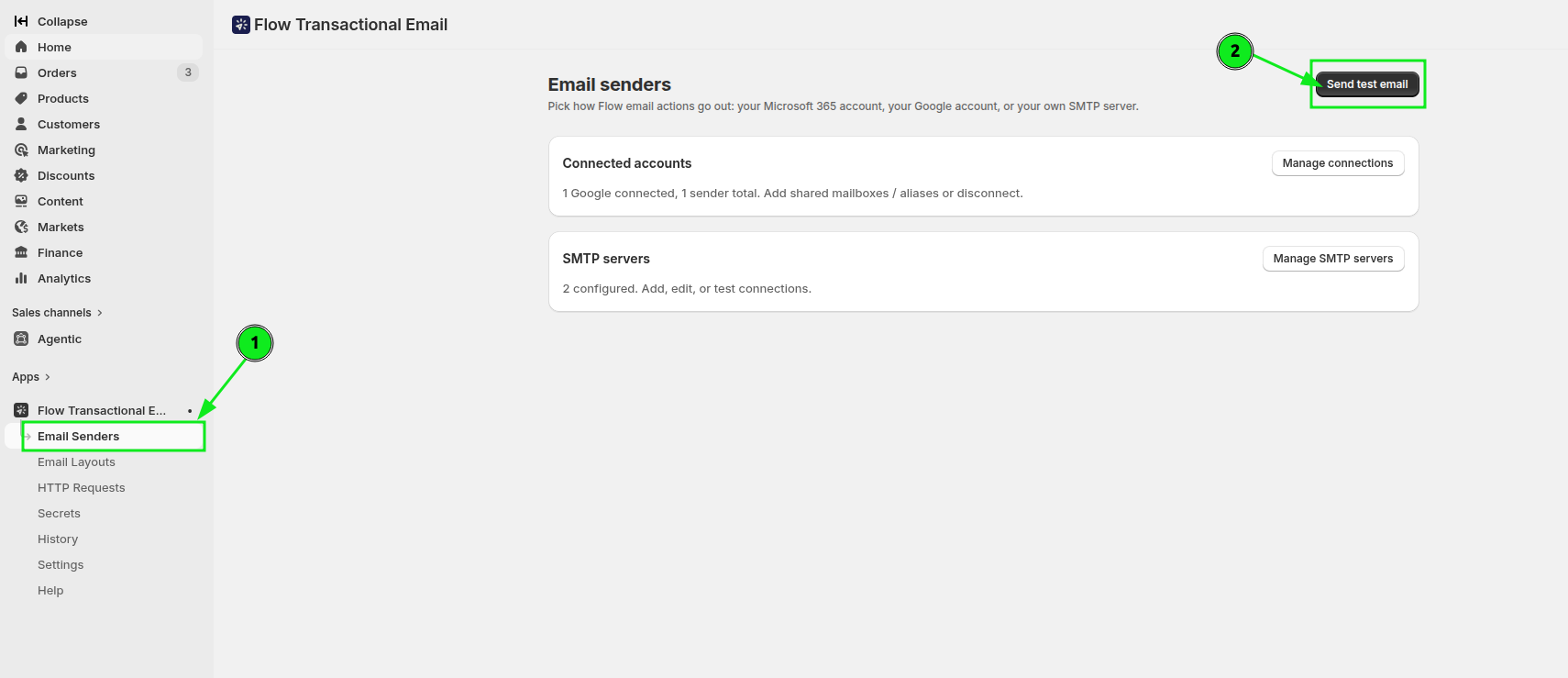 The Email Senders page showing the Send test email button
