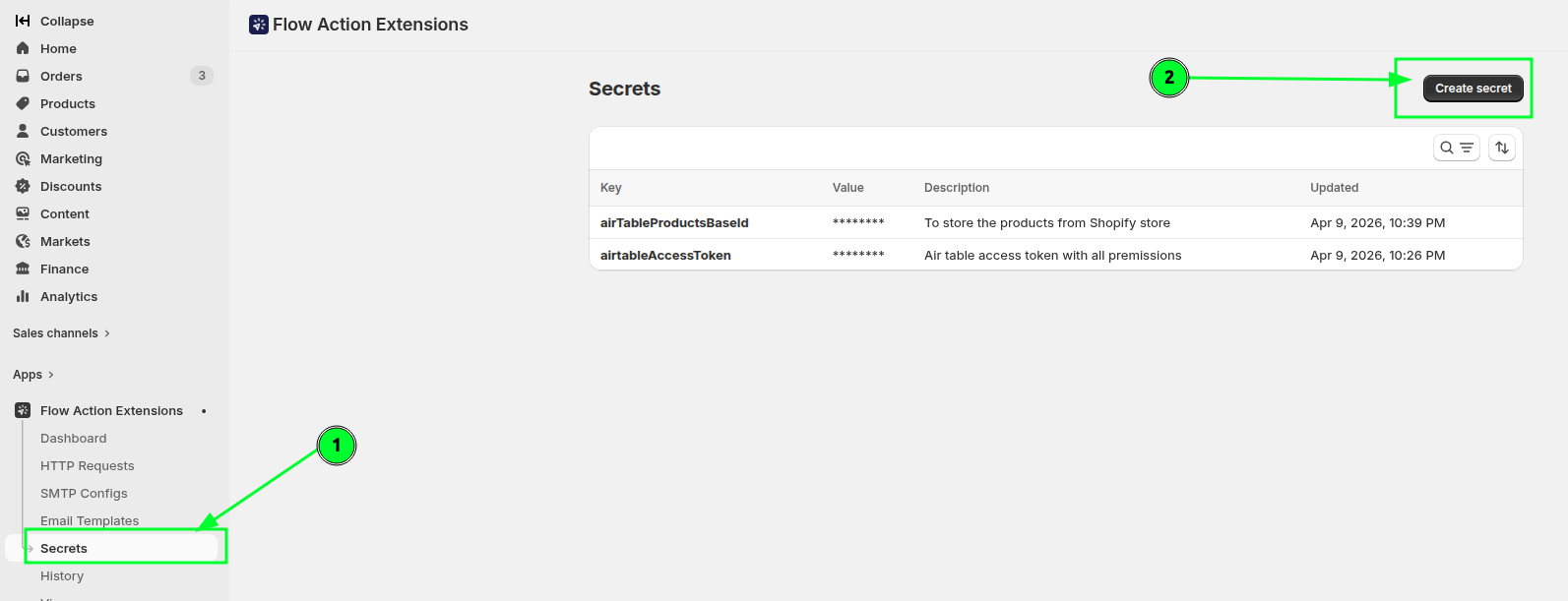 The Secrets page with the Create secret button