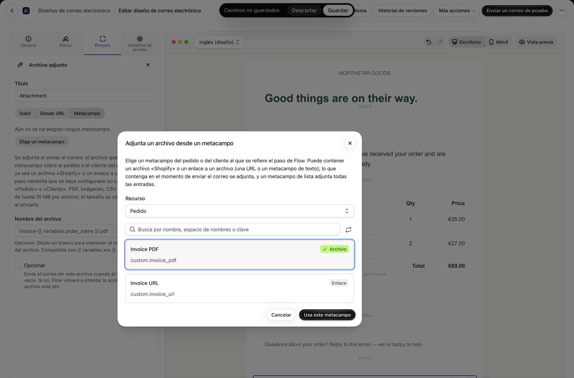 El cuadro de diálogo «Adjuntar un archivo desde un metacampo» con «Pedido» seleccionado como recurso y las definiciones «PDF de la factura (archivo)» y «URL de la factura (enlace)» que aparecen debajo de un campo de búsqueda