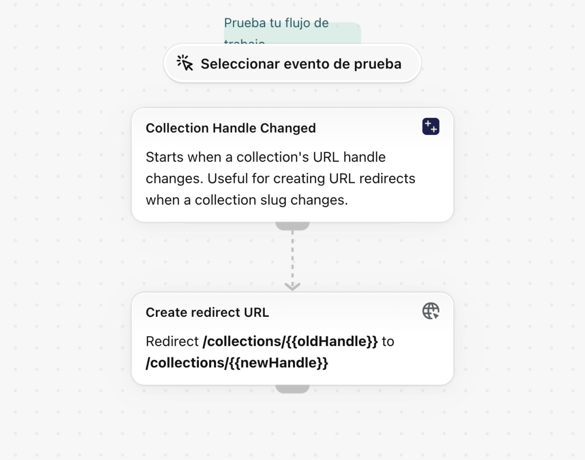 El flujo de trabajo en Shopify Flow: redirigir las antiguas URL de las colecciones cuando cambia el identificador de una colección