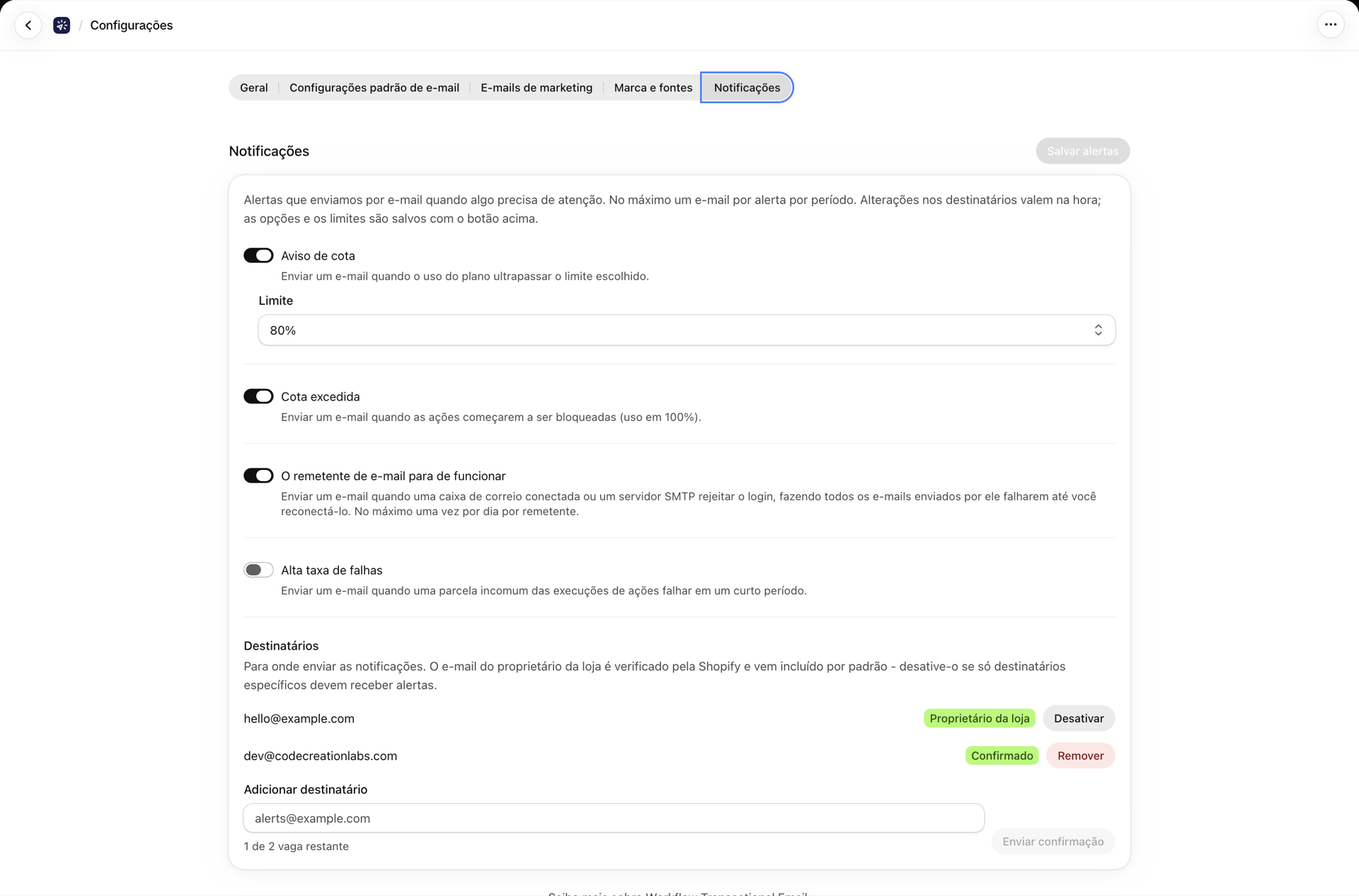 A guia “Notificações”, com os quatro alertas e seus destinatários