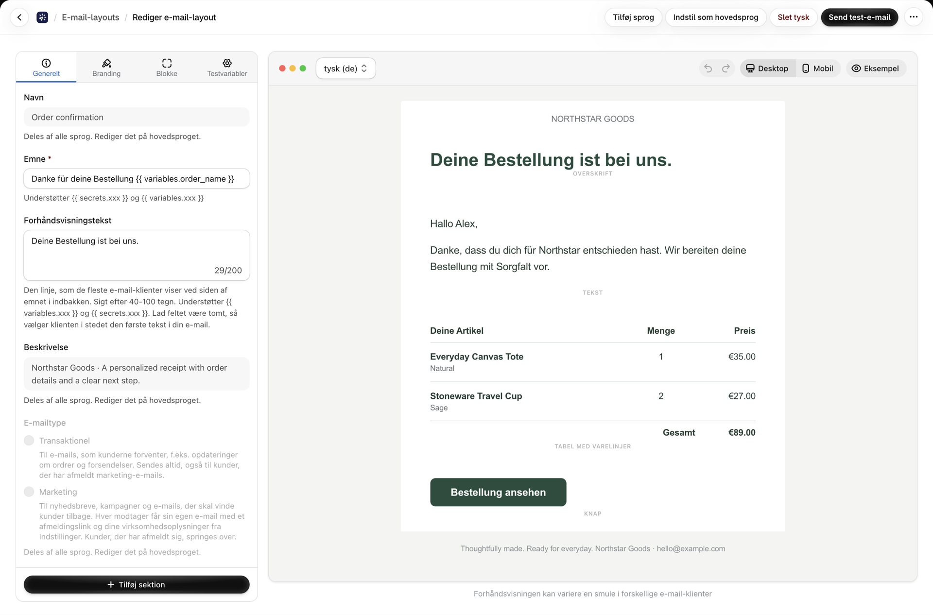 Den visuelle builder, der viser den tyske version af en ordrebekræftelse
